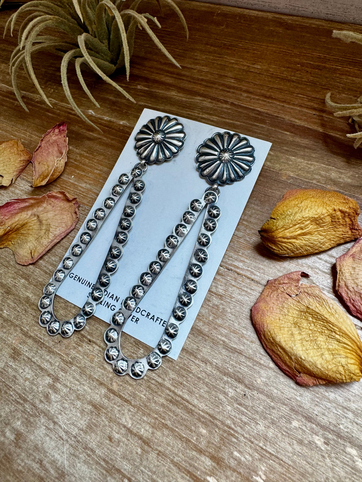 Eugene Charley Navajo Concho & Teardrop Dangle Earrings – Sterling Silver — product photo.