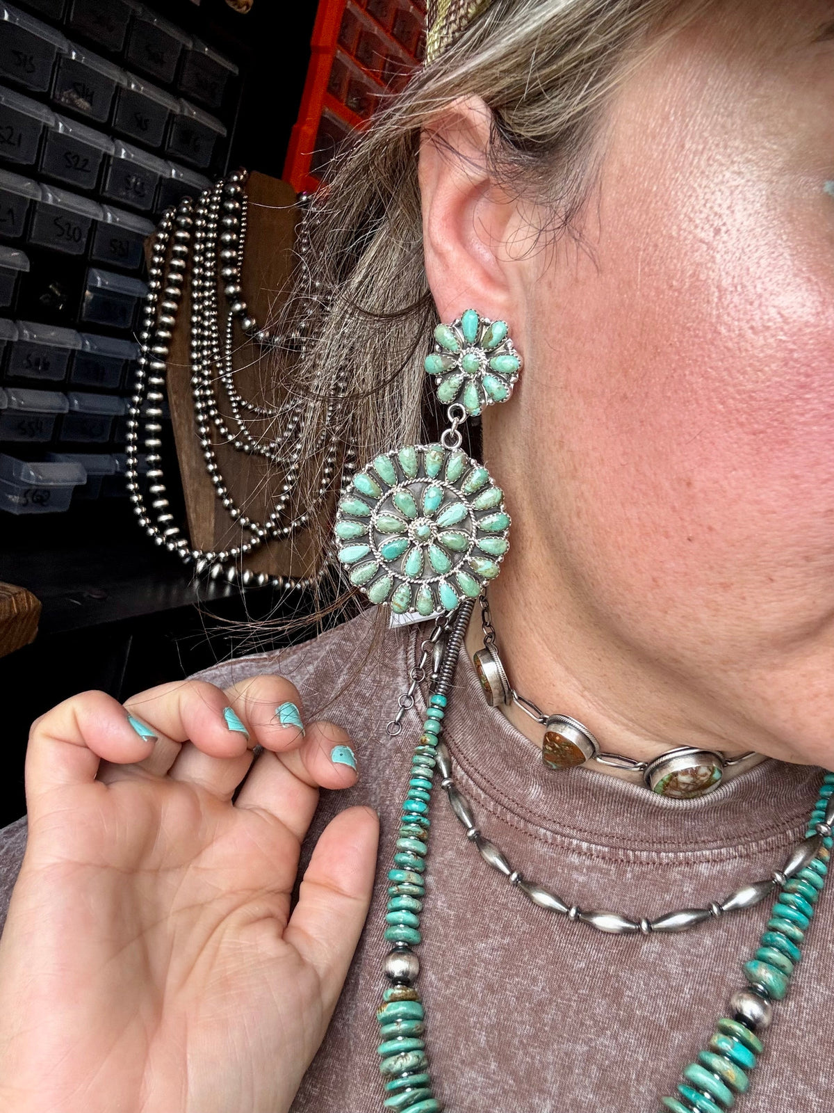 Cluster Dangle Earrings – Kingman Turquoise & Sterling Silver — product photo.