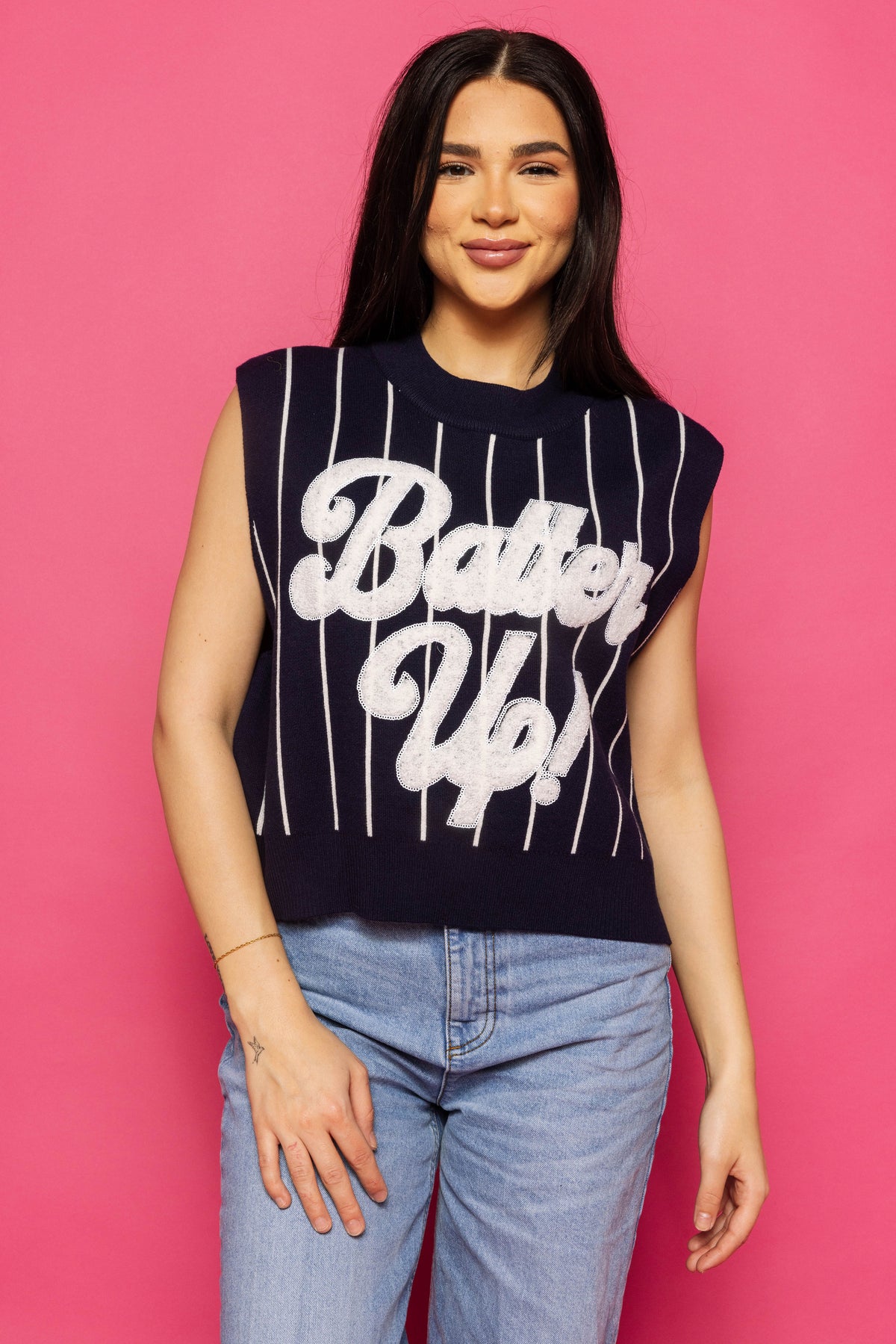 Queen of Sparkles Navy & White Stripe 'Batter Up" Sweater Vest