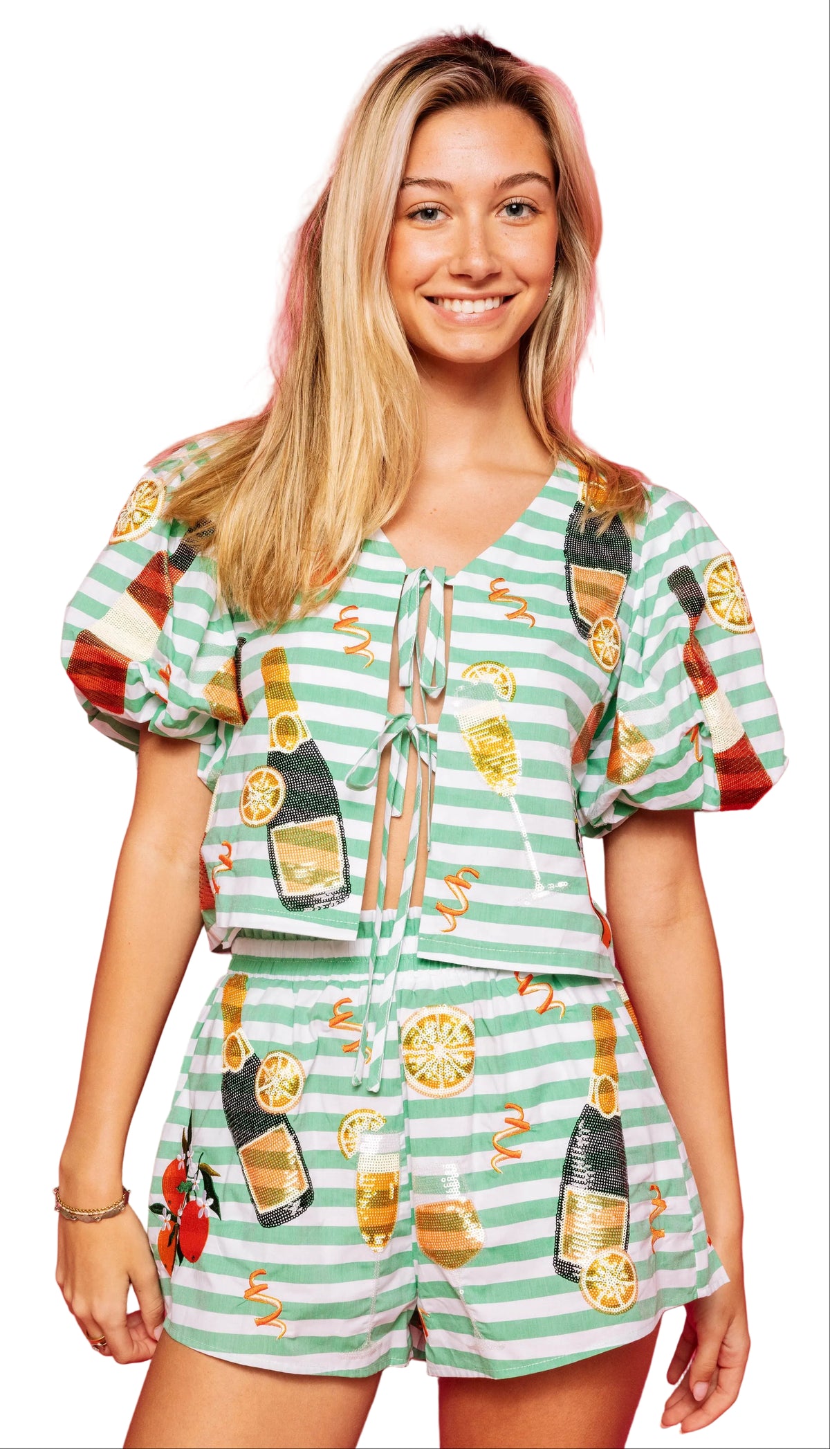 Queen of Sparkles Green & White Stripe Cotton Mimosa Icon Poof Sleeve Tie Top