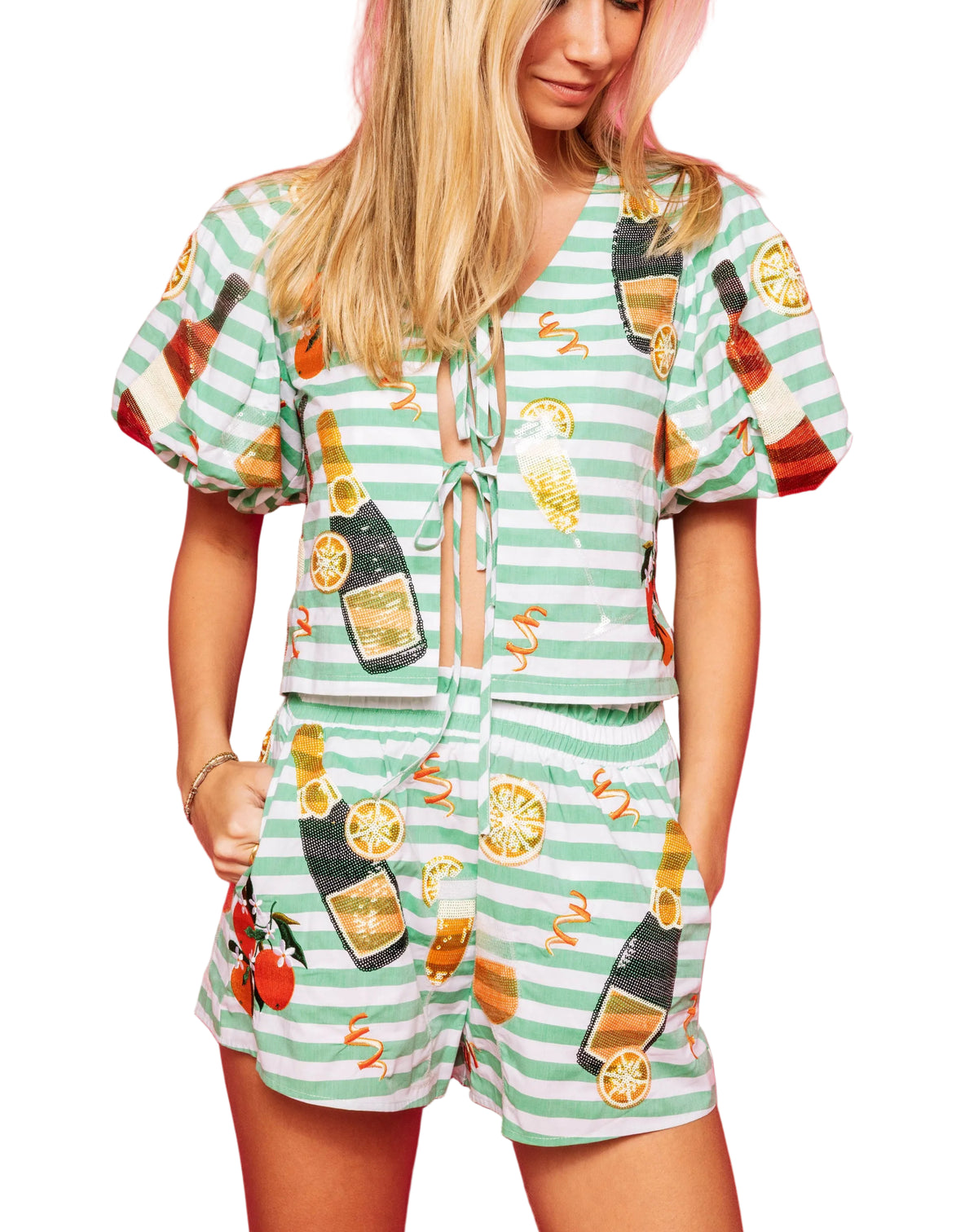 Queen of Sparkles Green & White Stripe Cotton Mimosa Icon Short