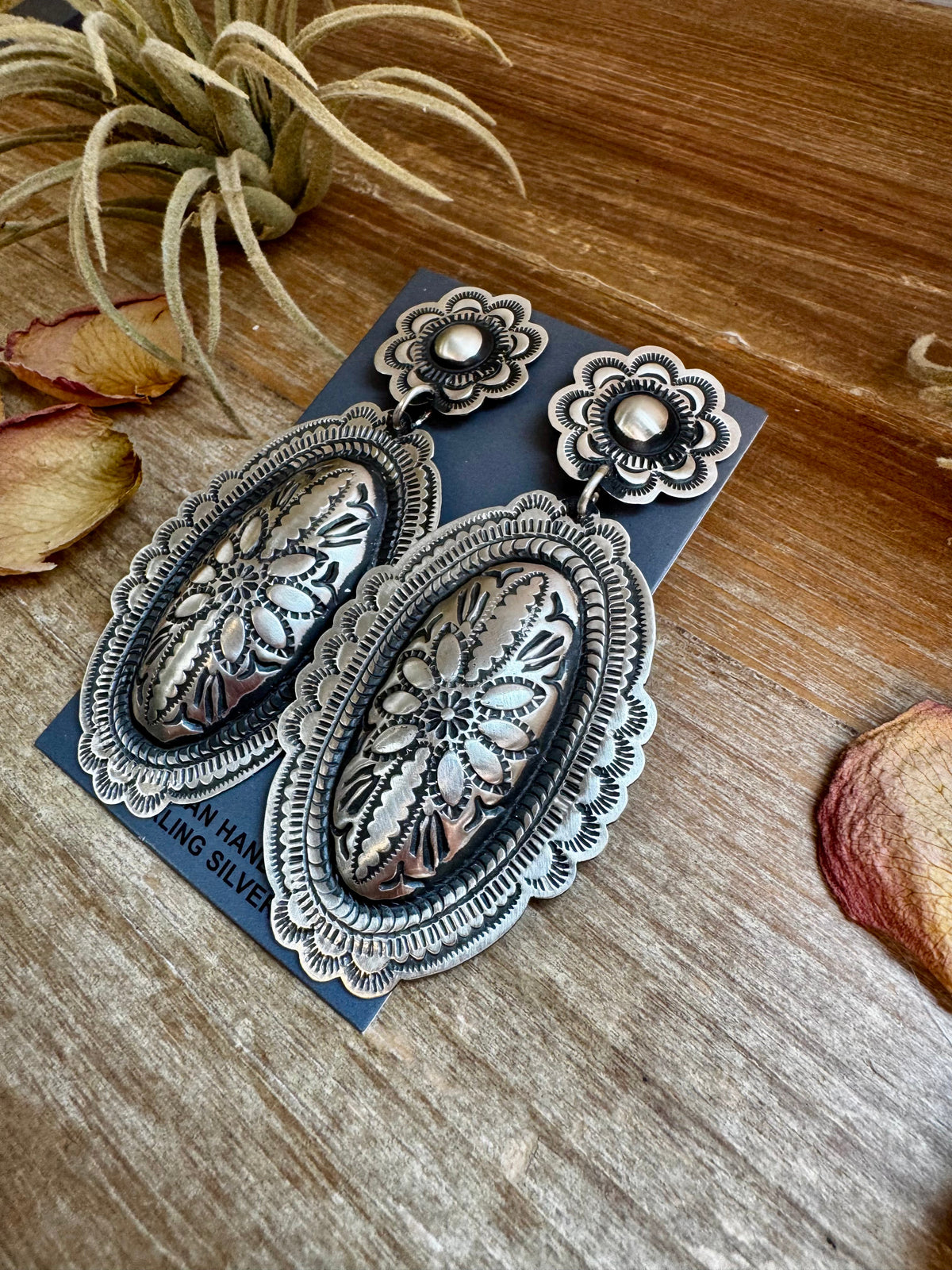 Leander Tahe Sterling Silver Earrings – Post & Dangle Statement with Stamped Detail — product photo.