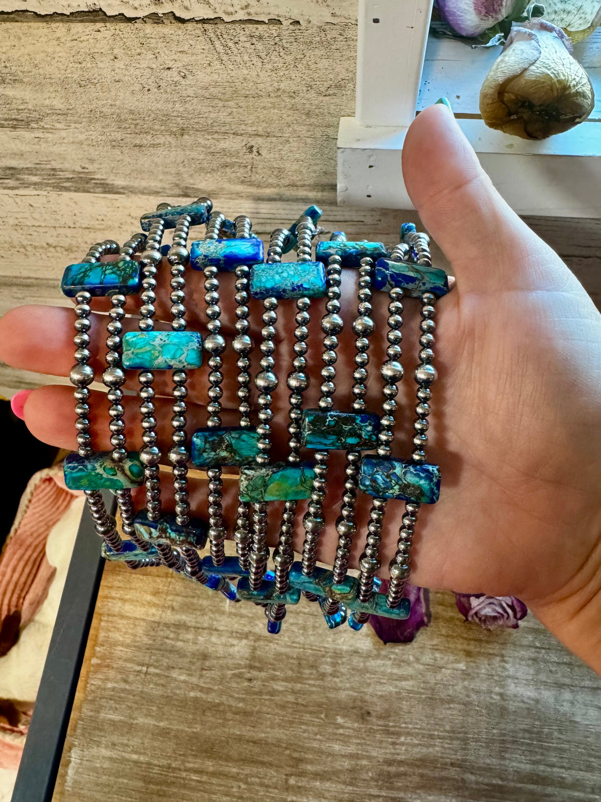 Pink/Navy Double Strand Necklace – 13” Beaded – Sterling Silver Pearls & Rectangle Variscite Turquoise — product photo.