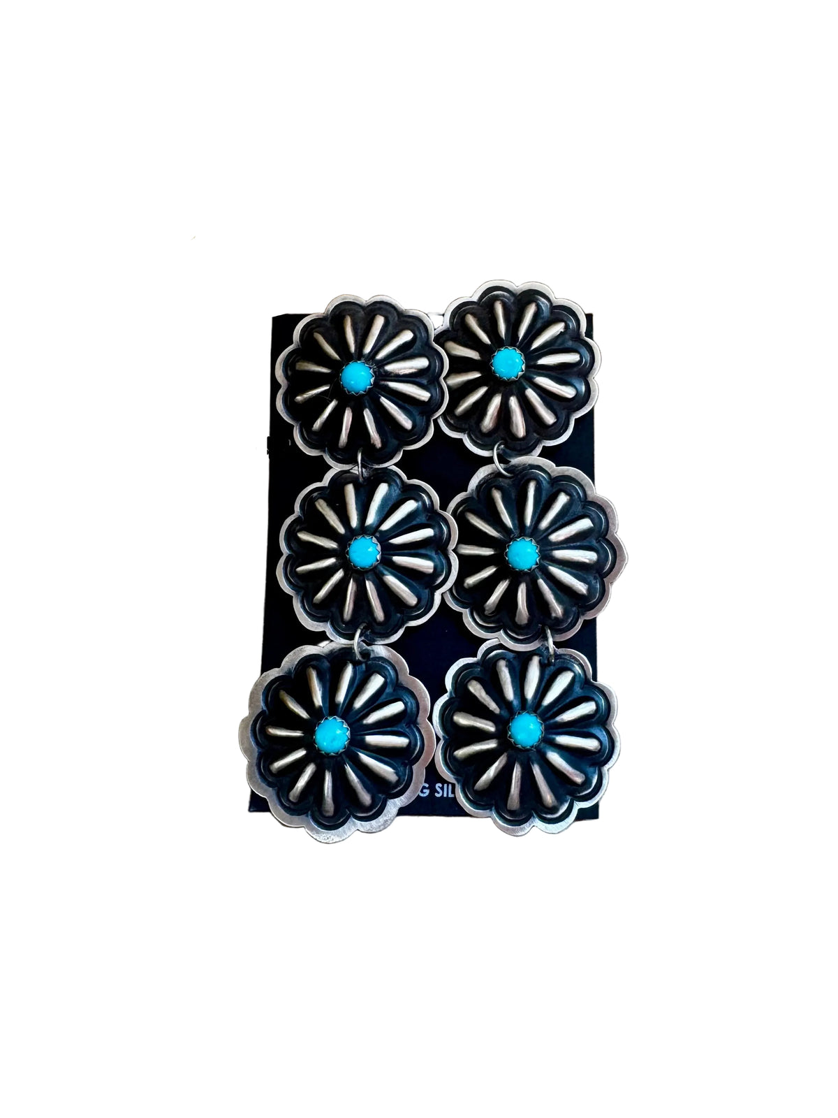 Triple Concho Dangle Earrings with Kingman Turquoise – Sterling Silver, Post Top — product photo.