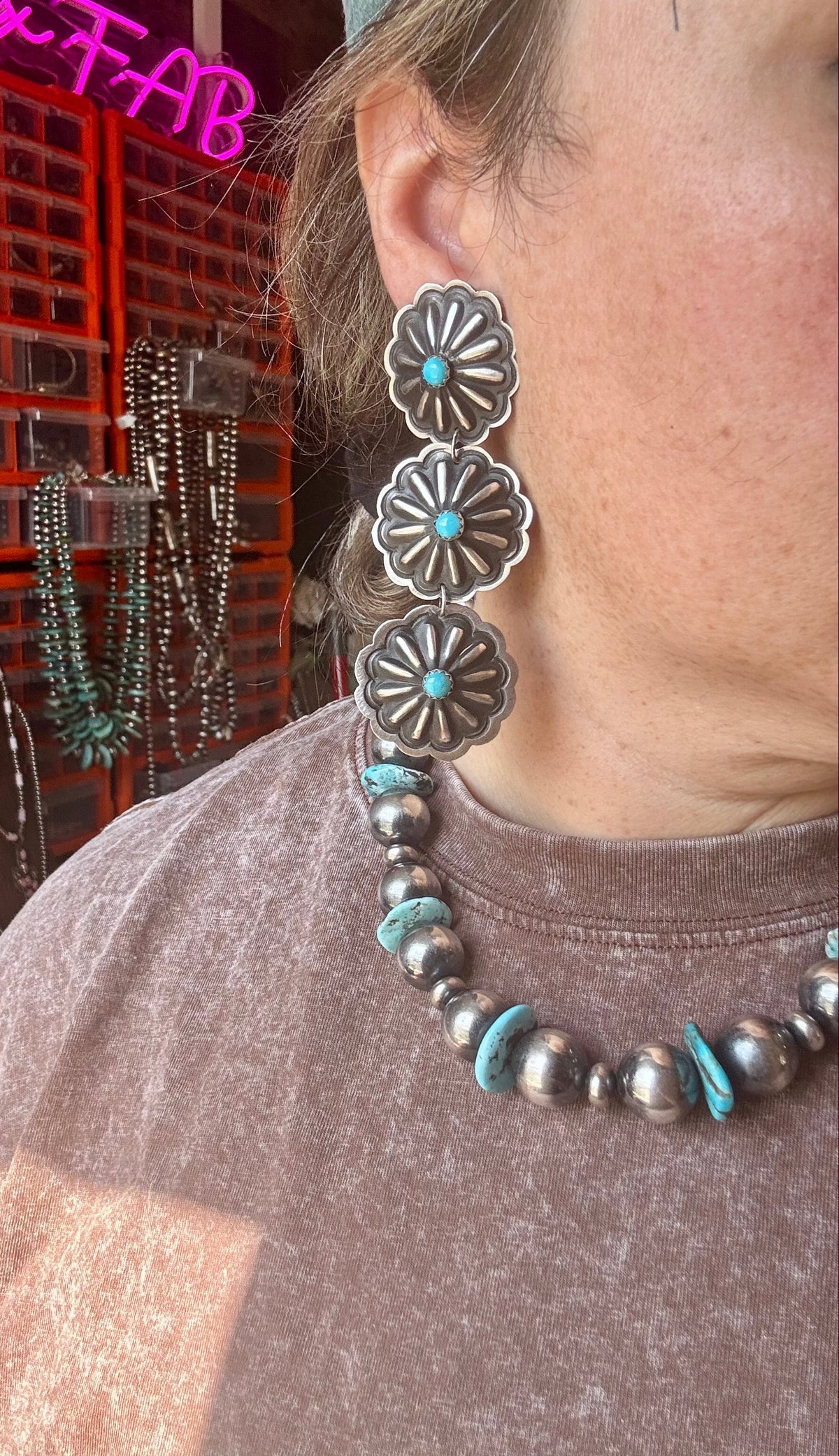 Triple Concho Dangle Earrings with Kingman Turquoise – Sterling Silver, Post Top — product photo.