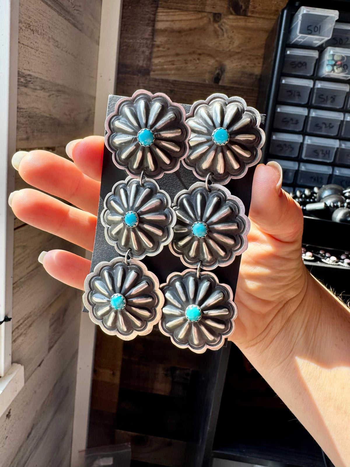 Triple Concho Dangle Earrings with Kingman Turquoise – Sterling Silver, Post Top — product photo.