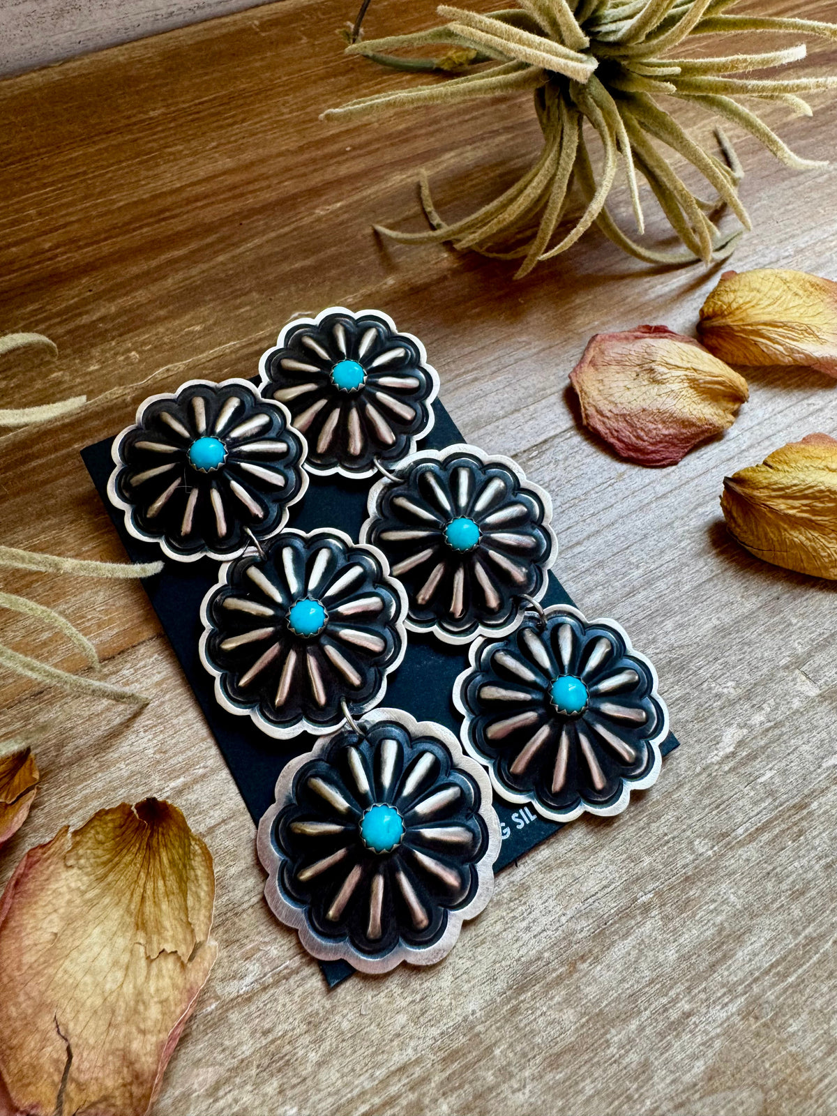 Triple Concho Dangle Earrings with Kingman Turquoise – Sterling Silver, Post Top — product photo.