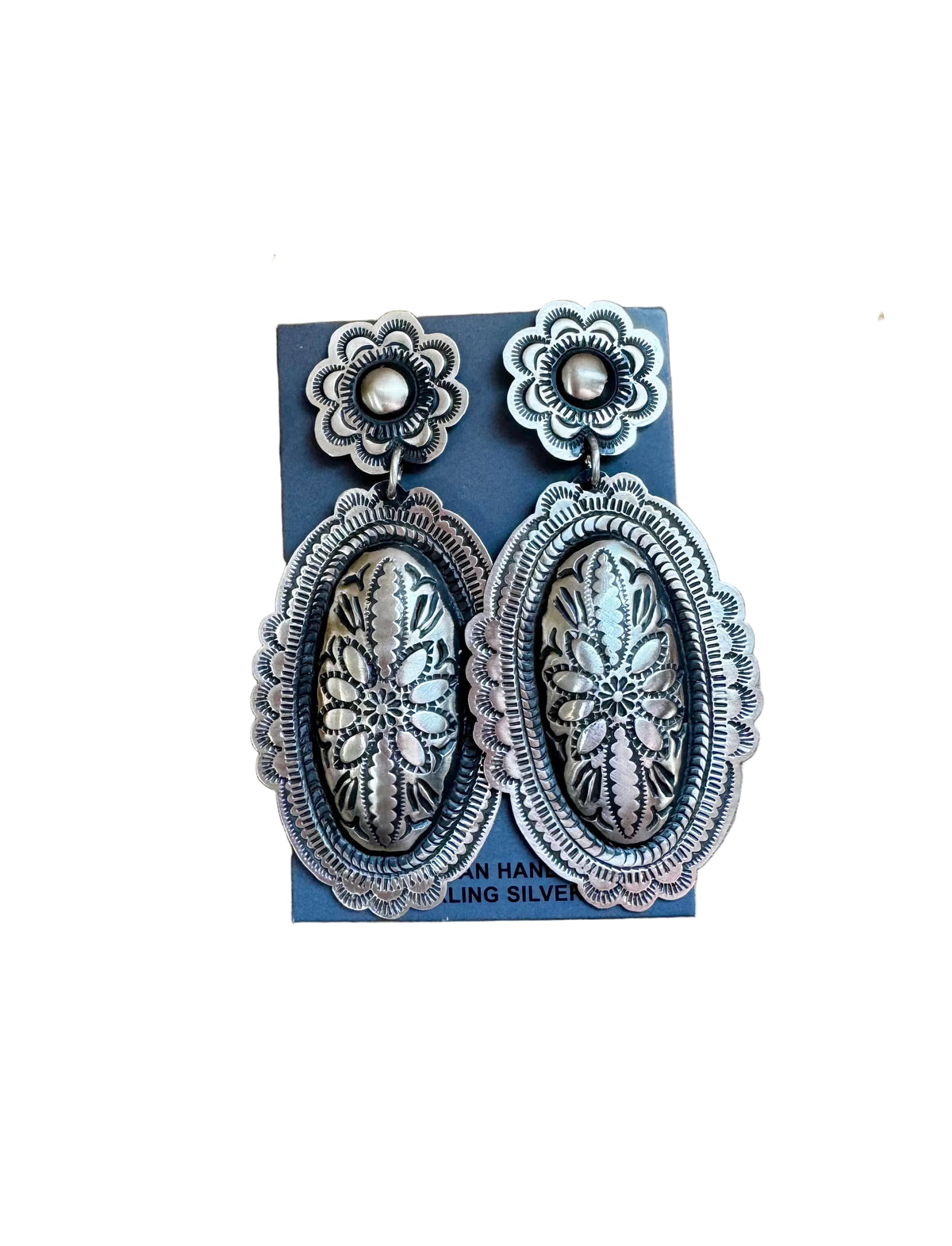 Leander Tahe Sterling Silver Earrings – Post & Dangle Statement with Stamped Detail — product photo.