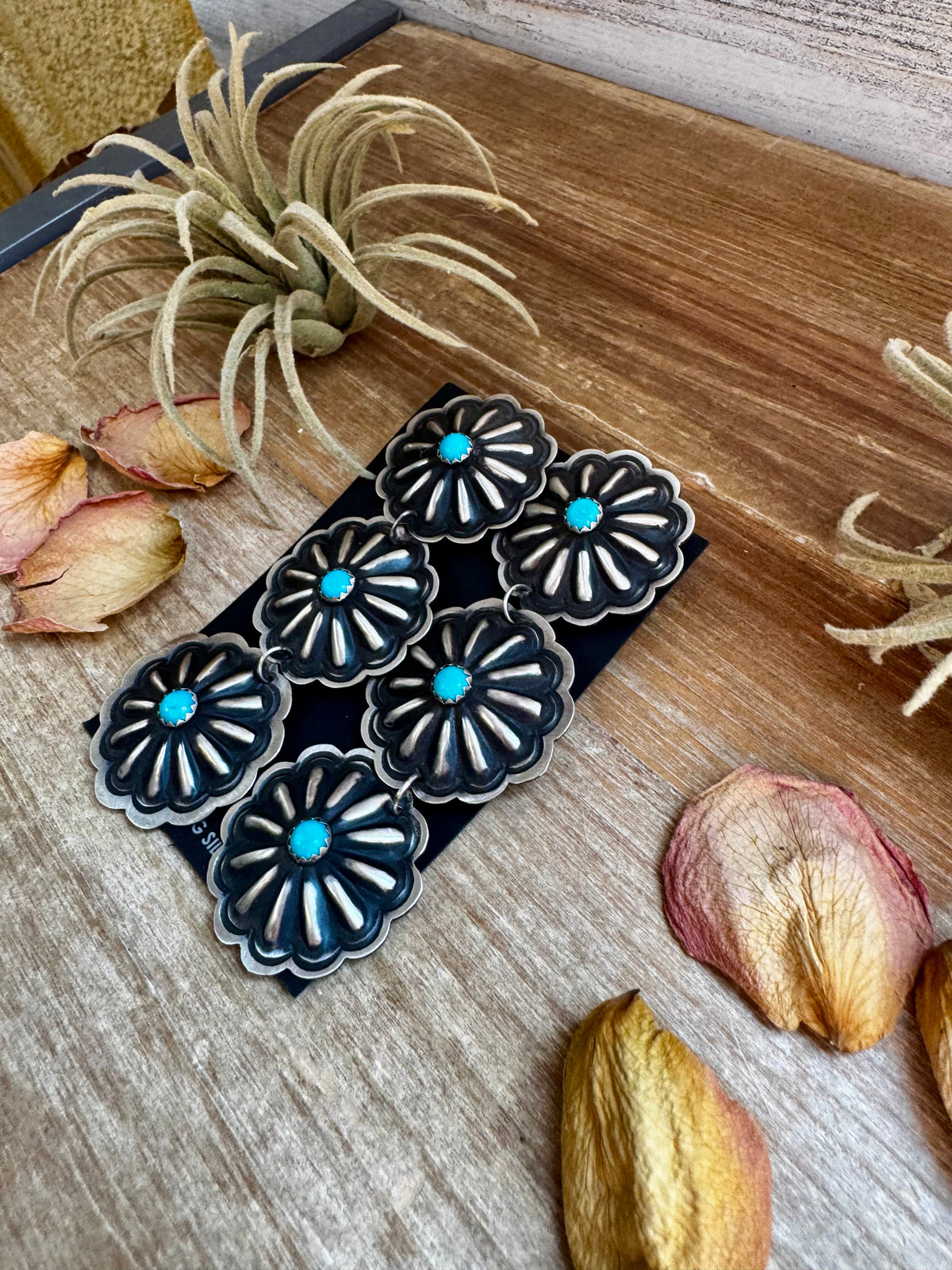 Triple Concho Dangle Earrings with Kingman Turquoise – Sterling Silver, Post Top — product photo.