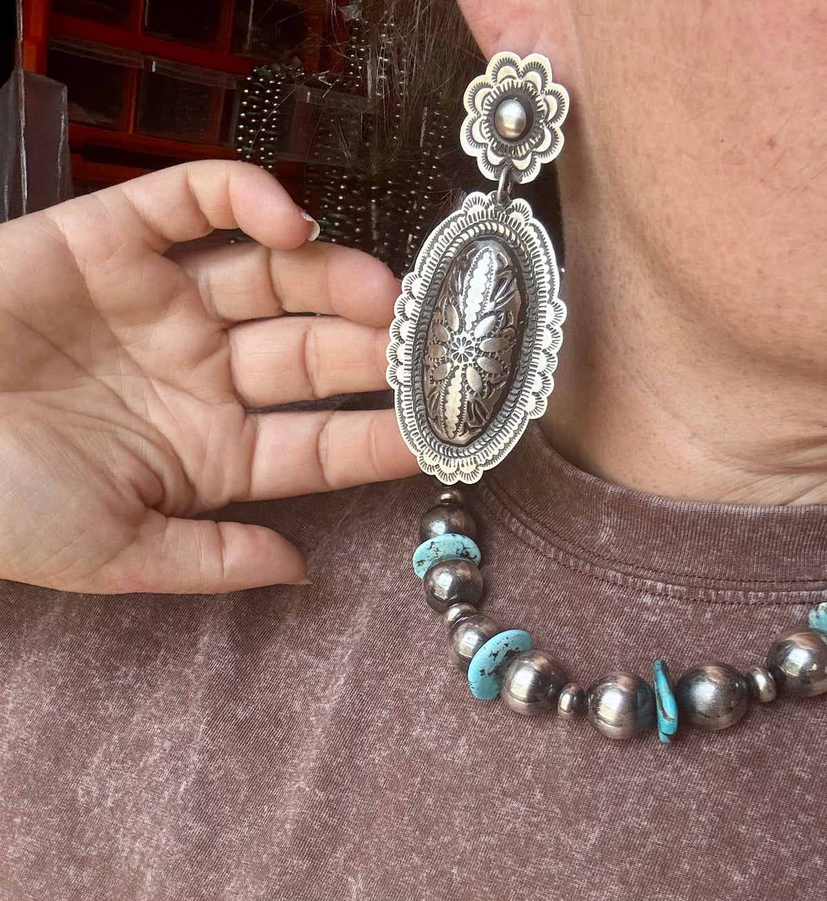 Leander Tahe Sterling Silver Earrings – Post & Dangle Statement with Stamped Detail — product photo.