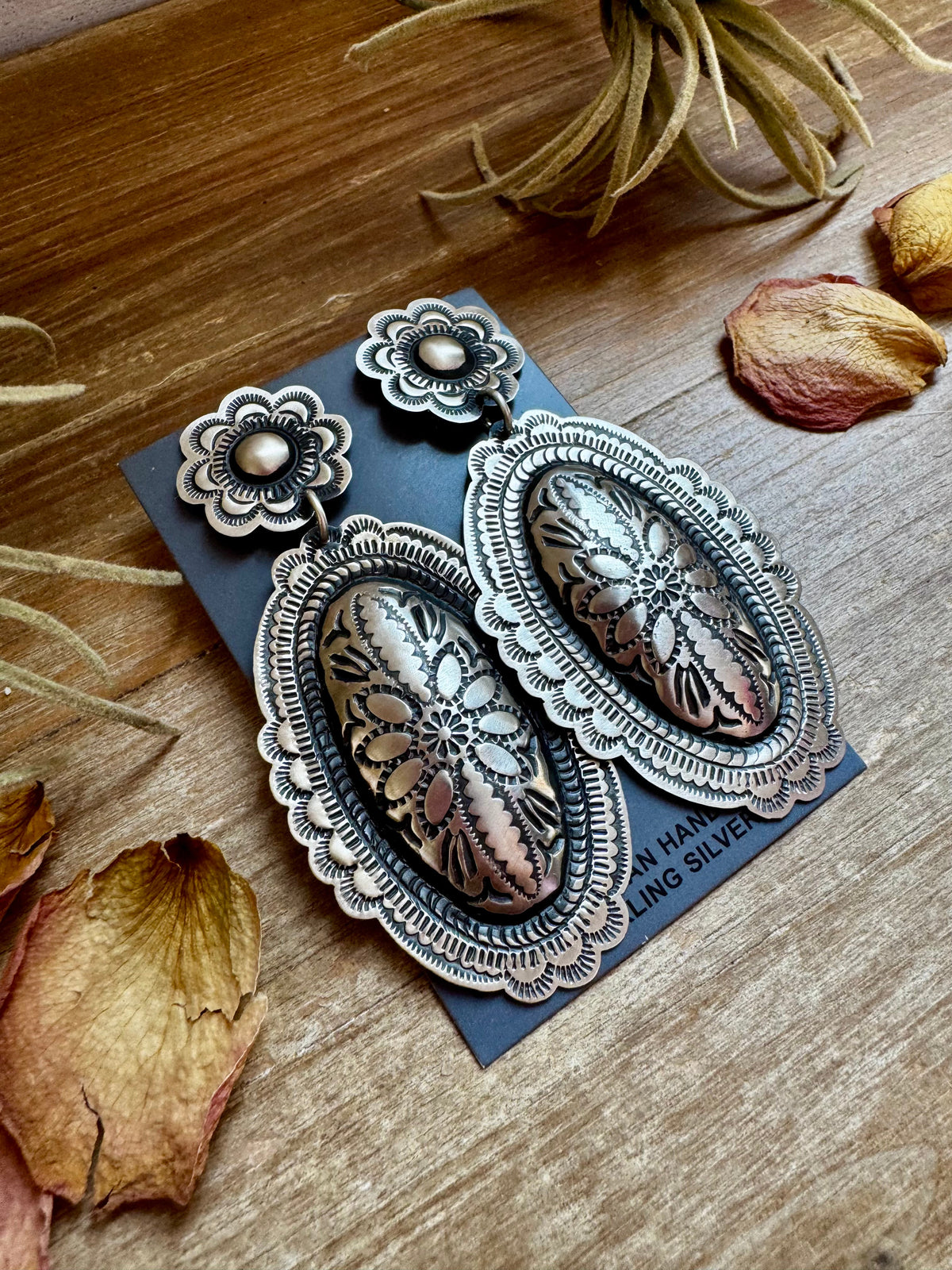 Leander Tahe Sterling Silver Earrings – Post & Dangle Statement with Stamped Detail — product photo.