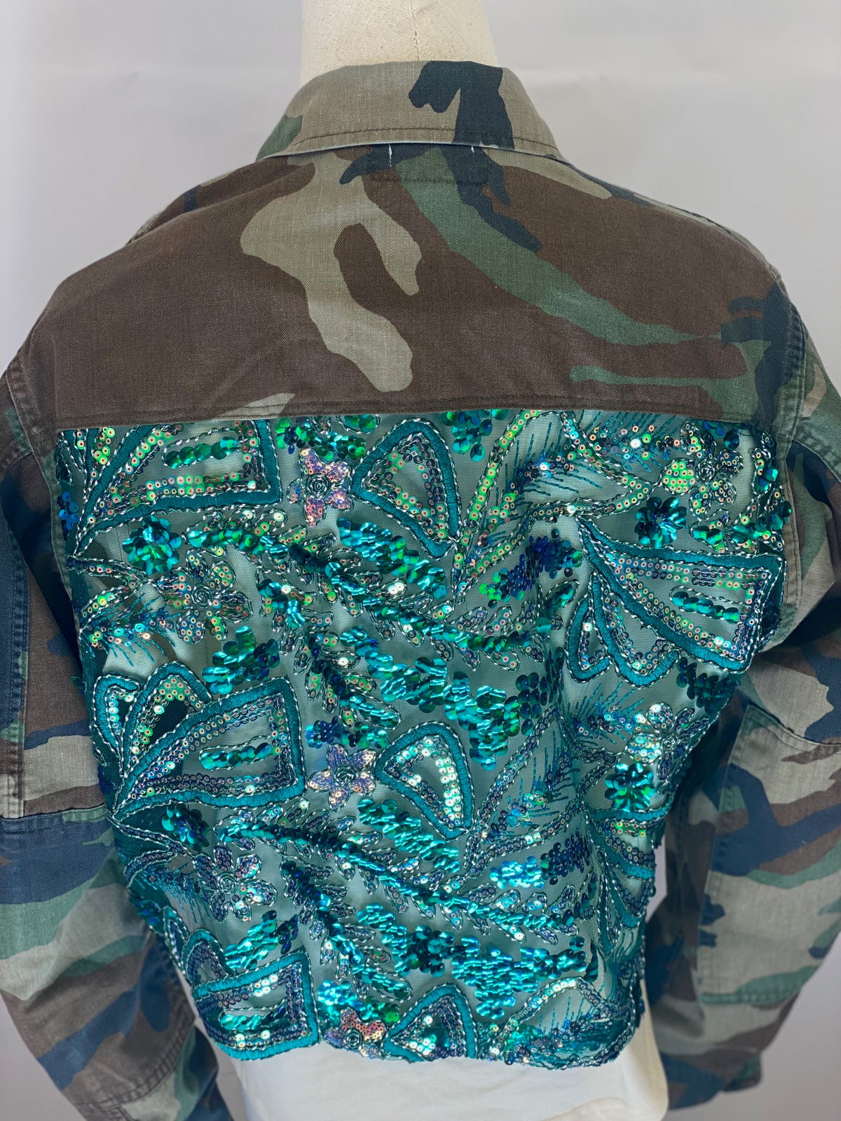 Camo Jacket Refurbished with Teal Sequins by The Grove
