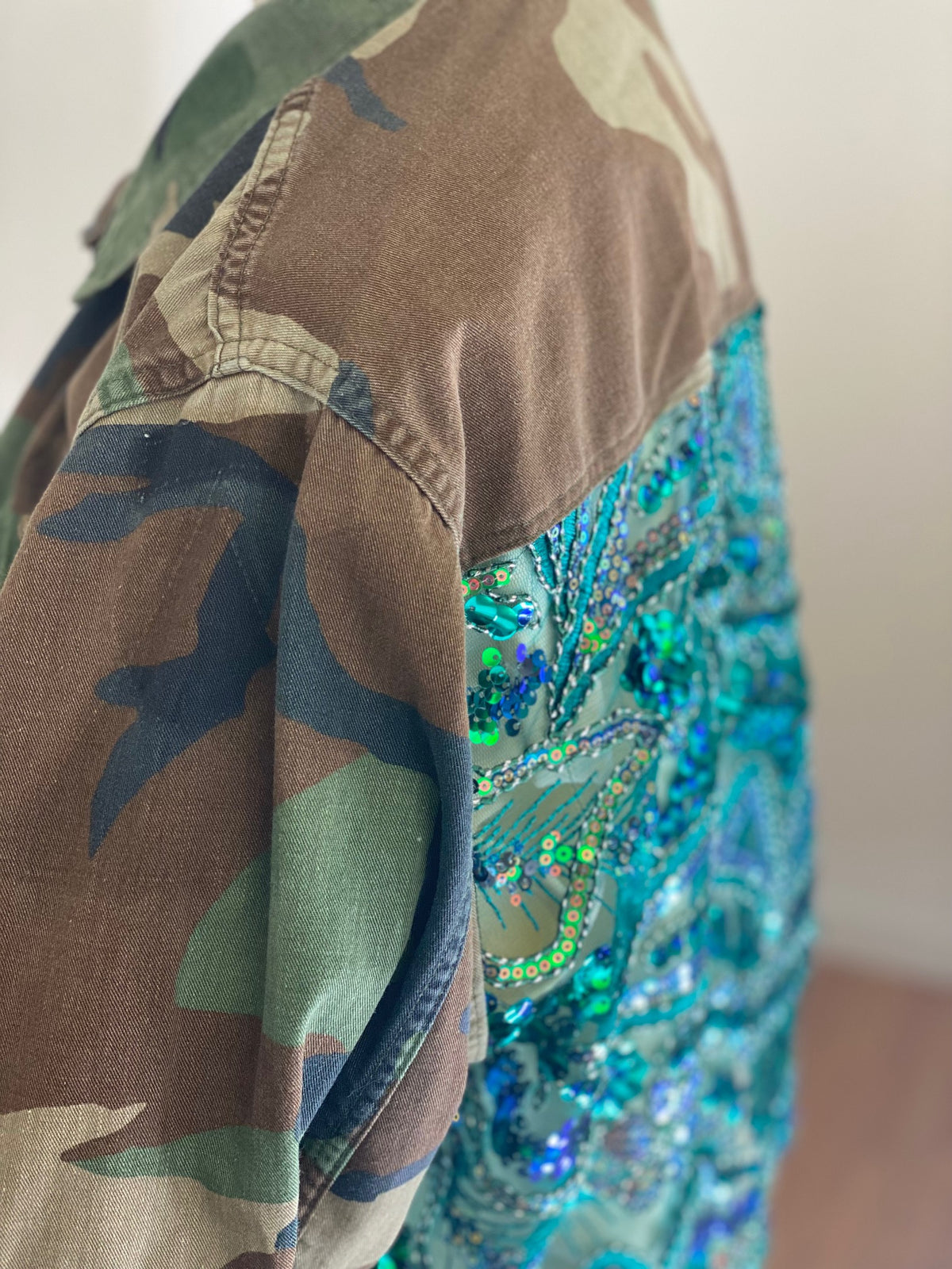 Camo Jacket Refurbished with Teal Sequins by The Grove