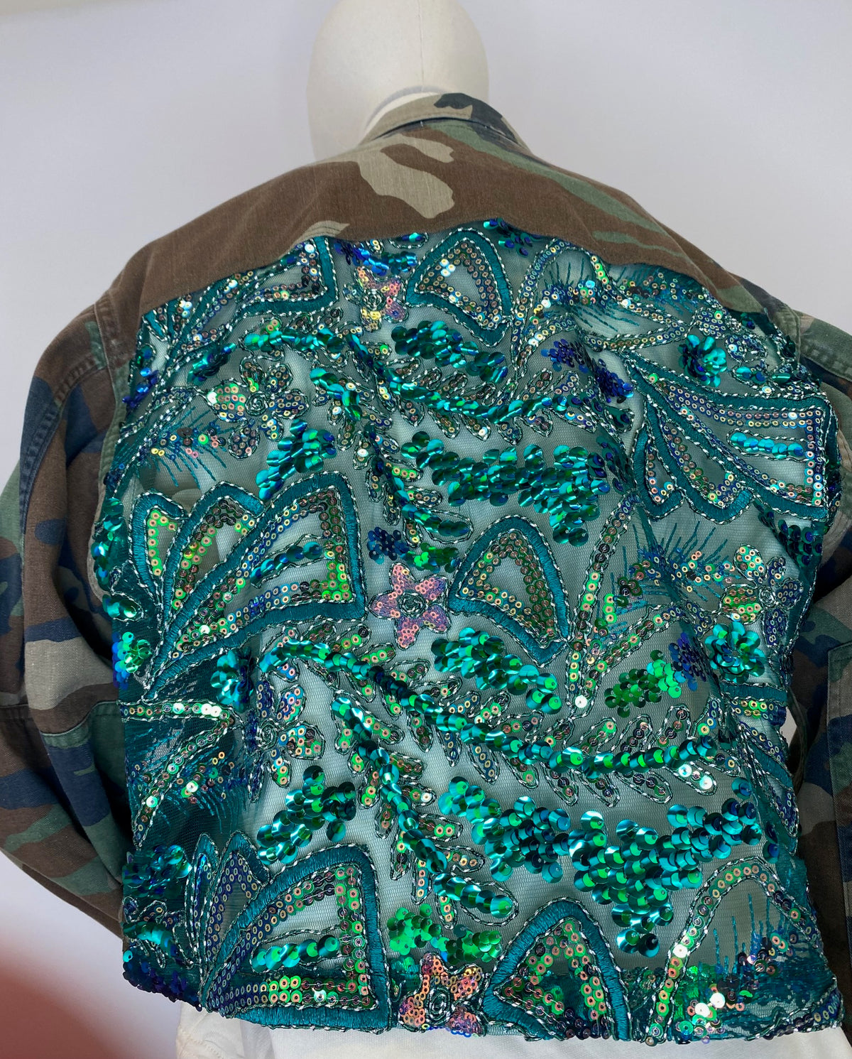 Camo Jacket Refurbished with Teal Sequins by The Grove
