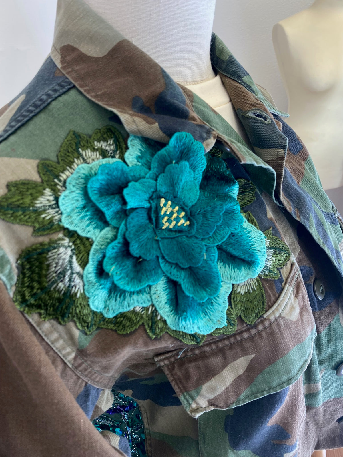 Camo Jacket Refurbished with Teal Sequins by The Grove