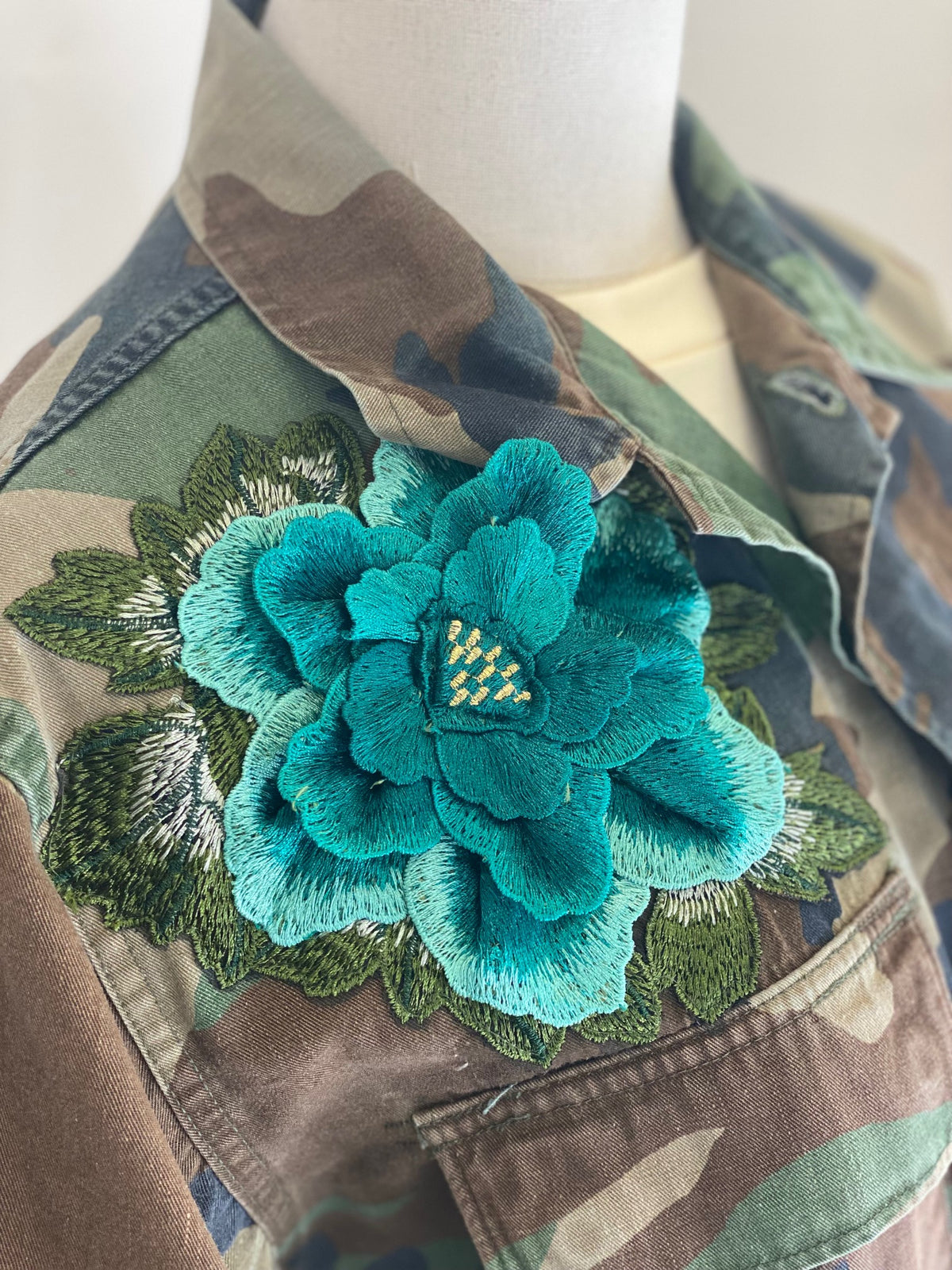 Camo Jacket Refurbished with Teal Sequins by The Grove