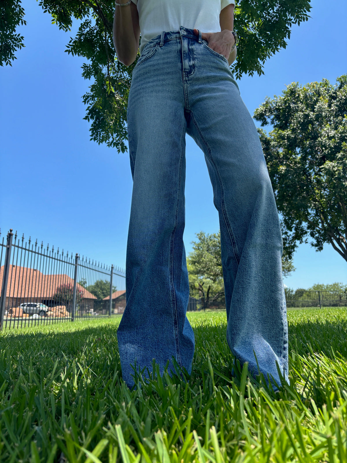 Wide Leg Light Denim Jeans by Flying Monkey