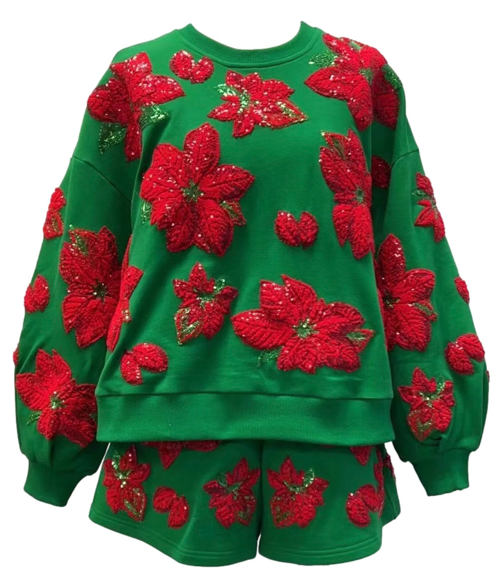 Queen of Sparkles Green and Red Poinsettia Sweatshirt