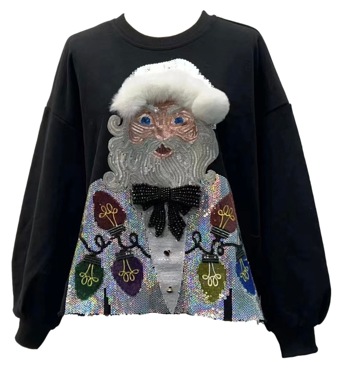Queen of Sparkles Black Sweatshirt with Silver Christmas Light Blazer Santa