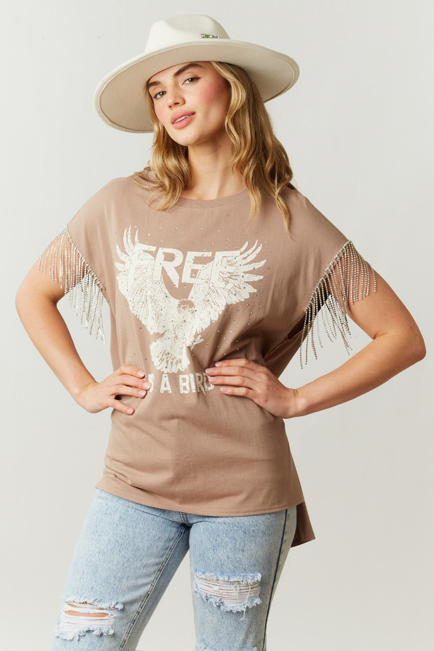 Free as a Bird Rhinestone Fringe Tee - Mocha