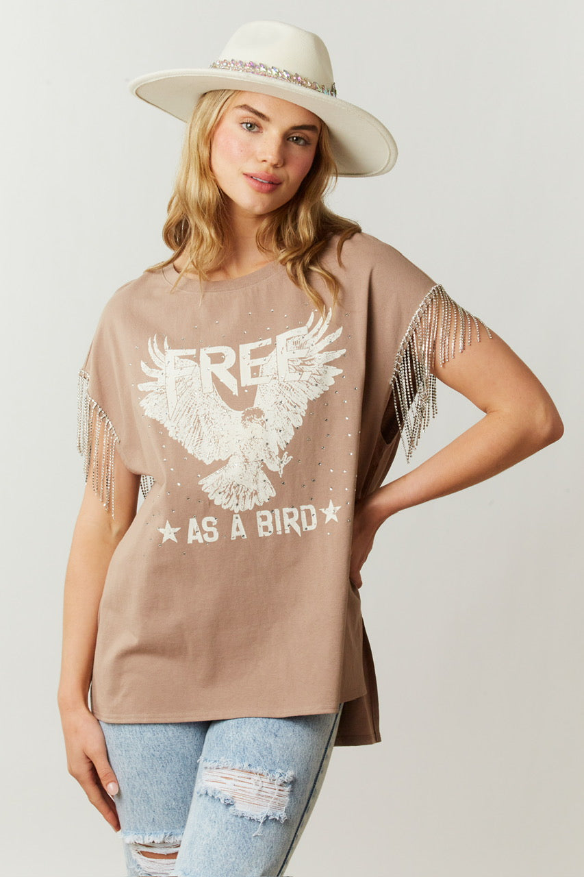 Free as a Bird Rhinestone Fringe Tee - Mocha