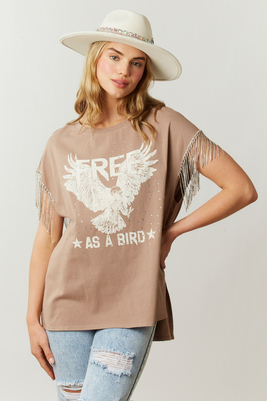 Free as a Bird Rhinestone Fringe Tee - Mocha by Fantastic Fawn