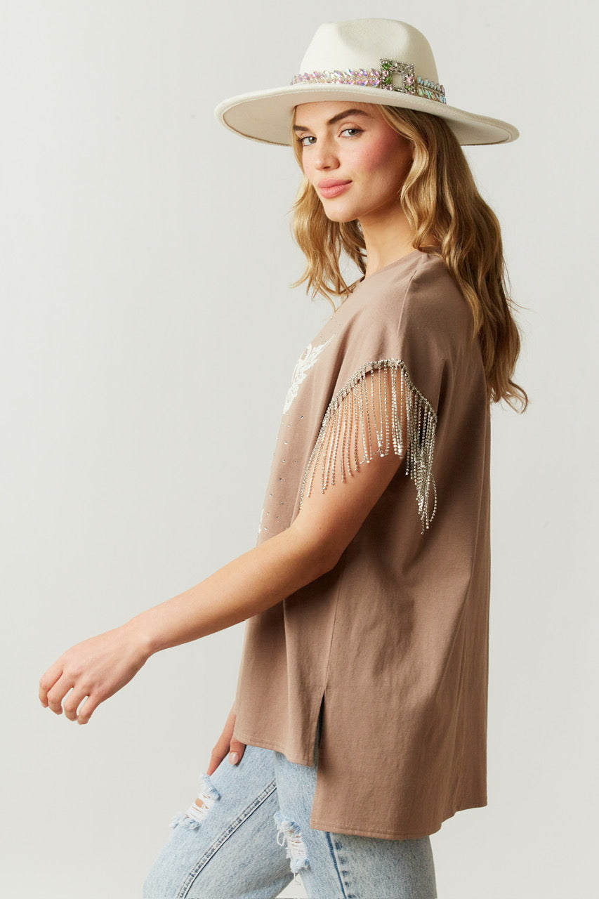 Free as a Bird Rhinestone Fringe Tee - Mocha