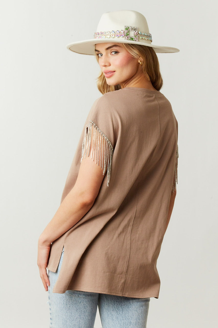 Free as a Bird Rhinestone Fringe Tee - Mocha
