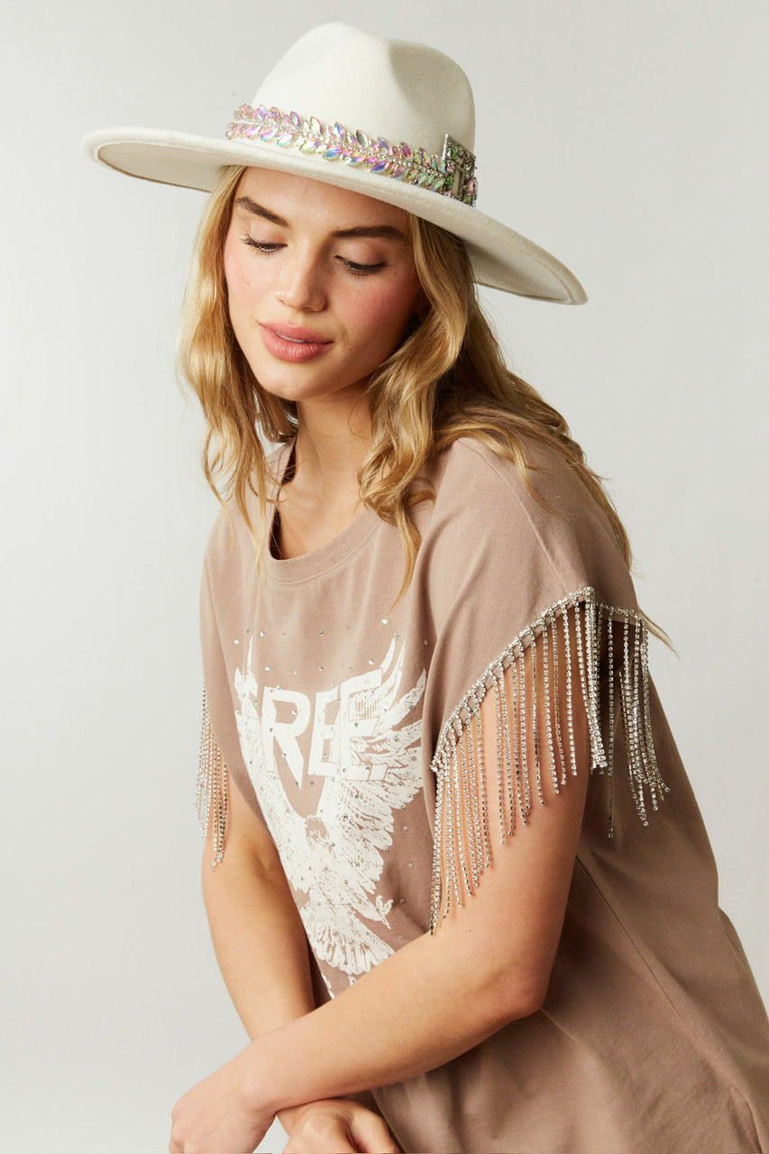 Free as a Bird Rhinestone Fringe Tee - Mocha