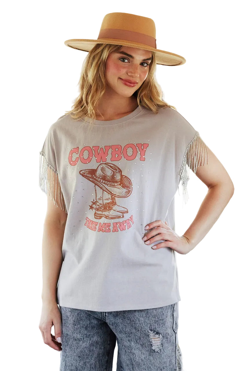 Cowboy Take Me Away Rhinestone Fringe Shirt