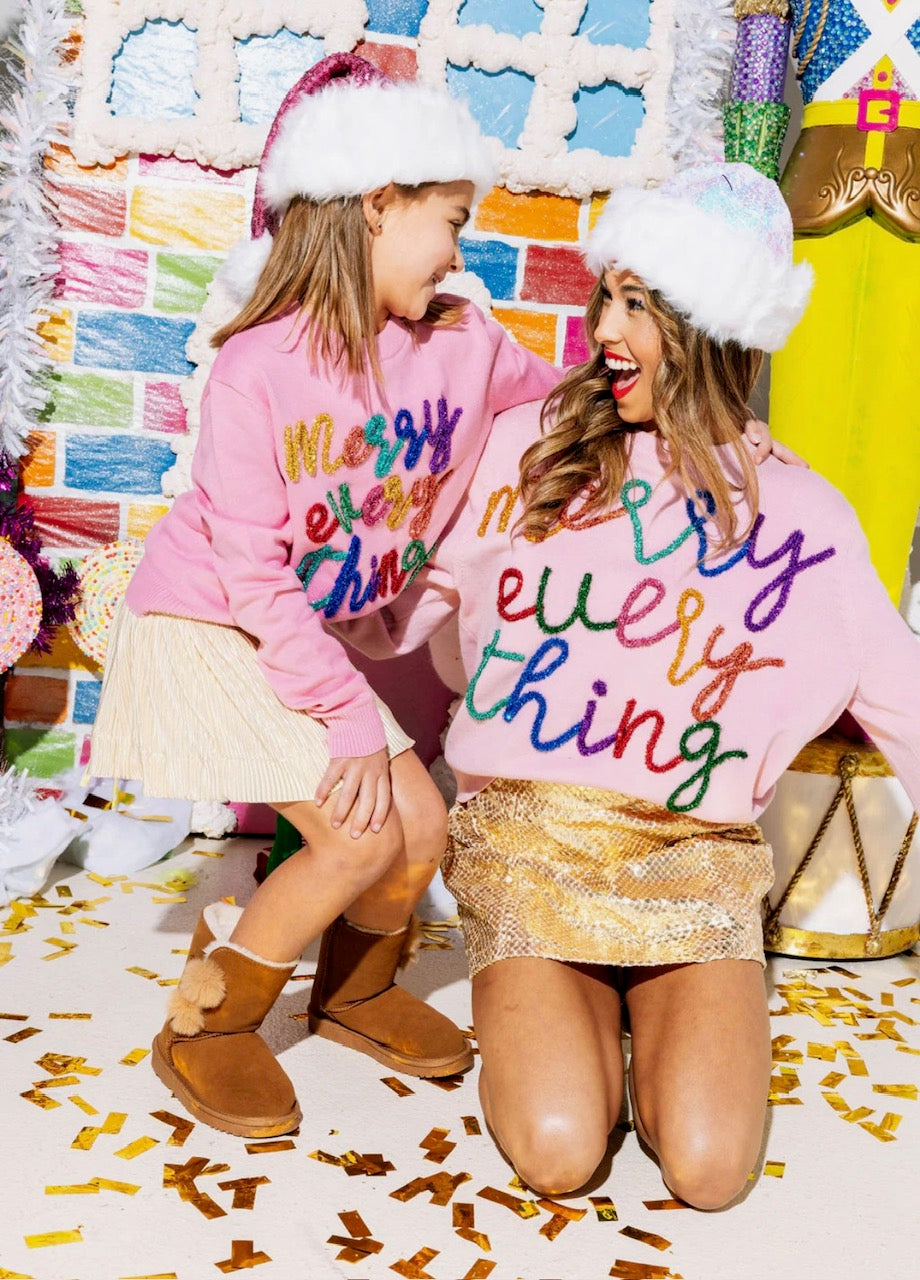 Queen of Sparkles Pink Merry Everything Glitter Script Sweater