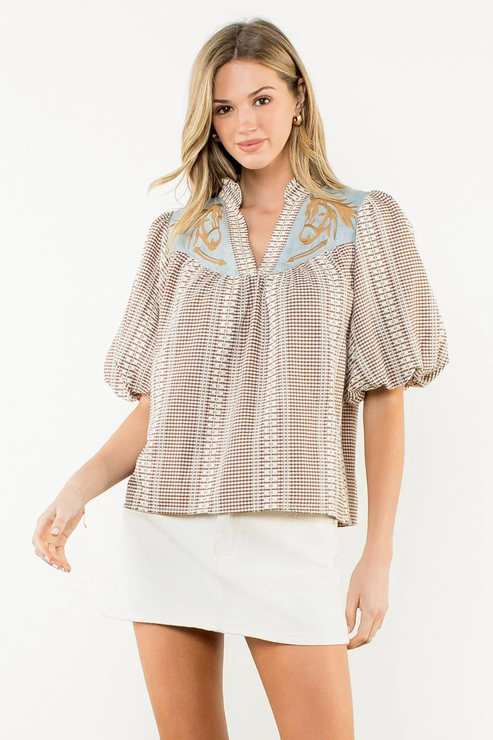 Brown Gingham Horse Embroidered Top
