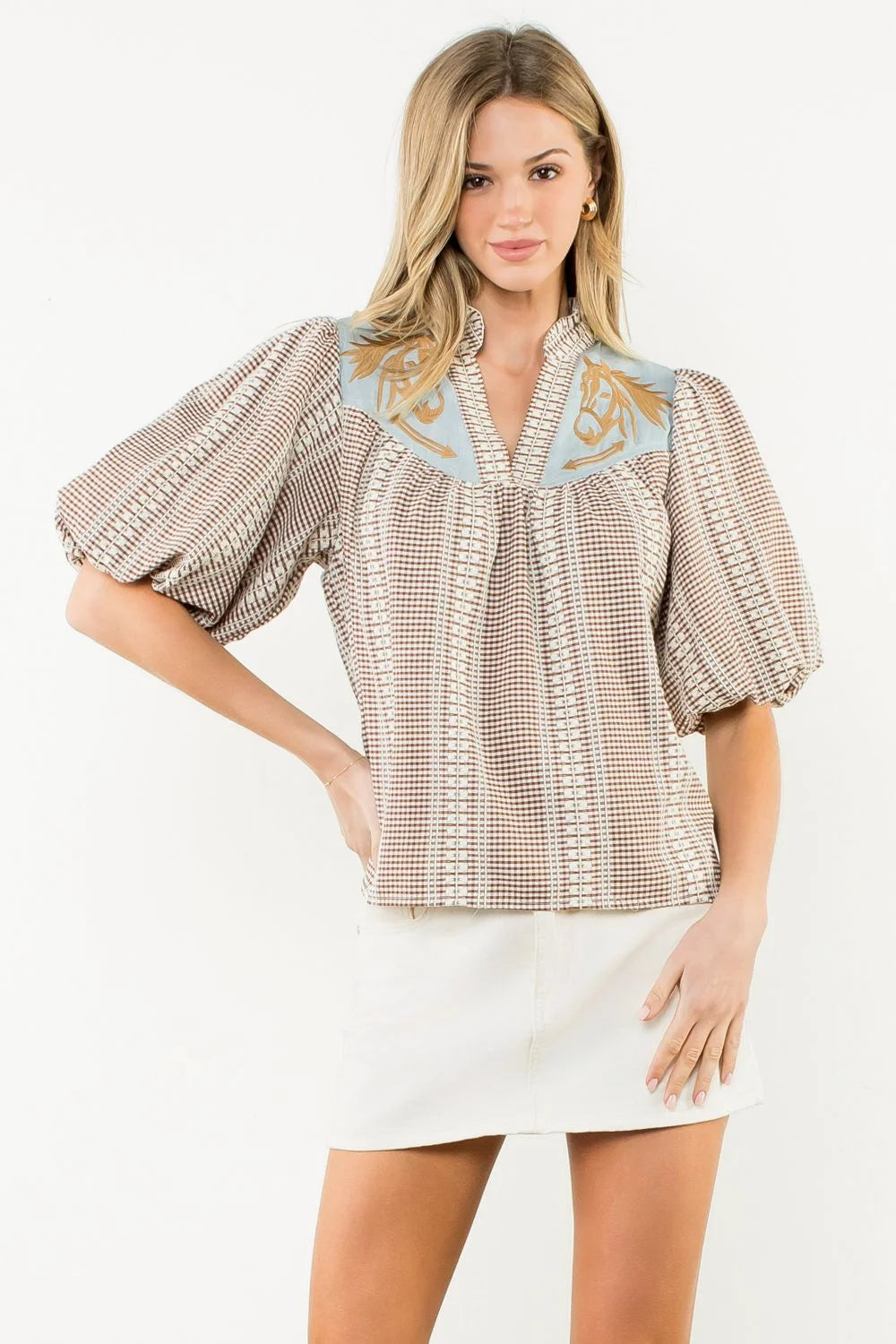 Brown Gingham Horse Embroidered Top