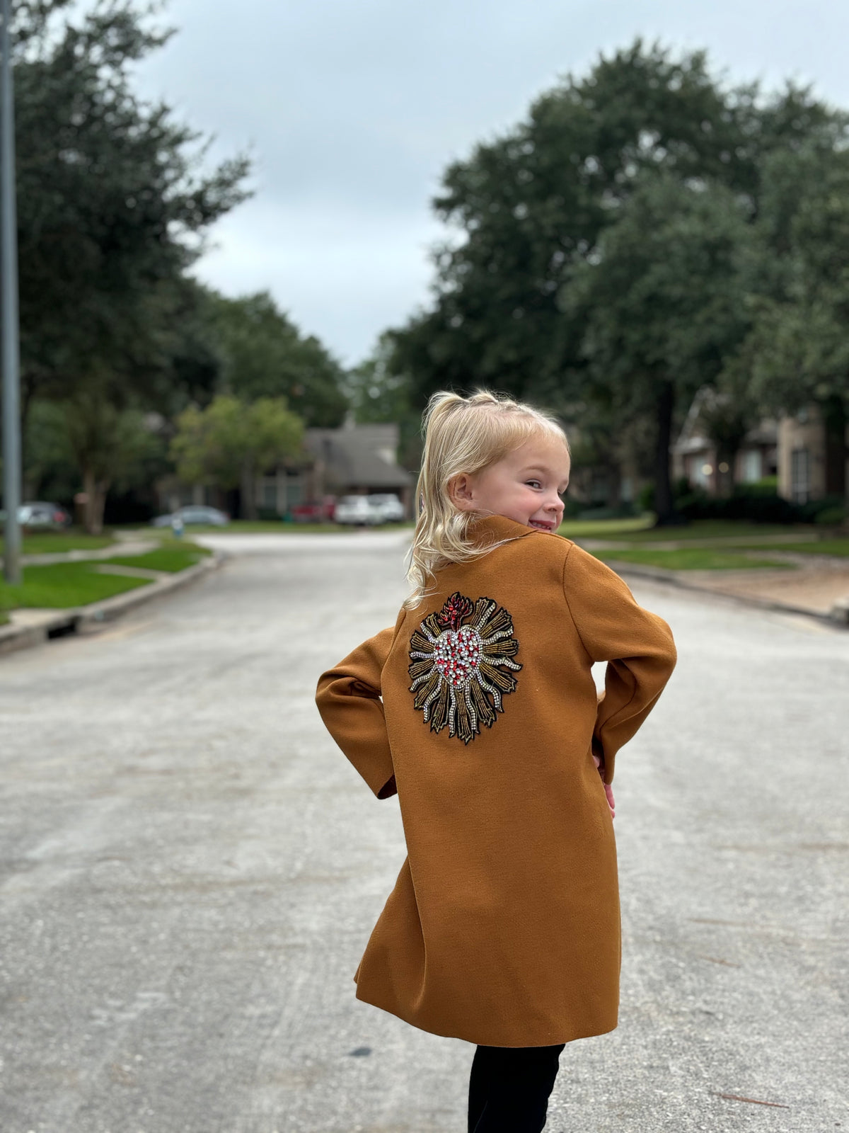 Kids Rhinestone Heart Jacket - Camel by The Grove