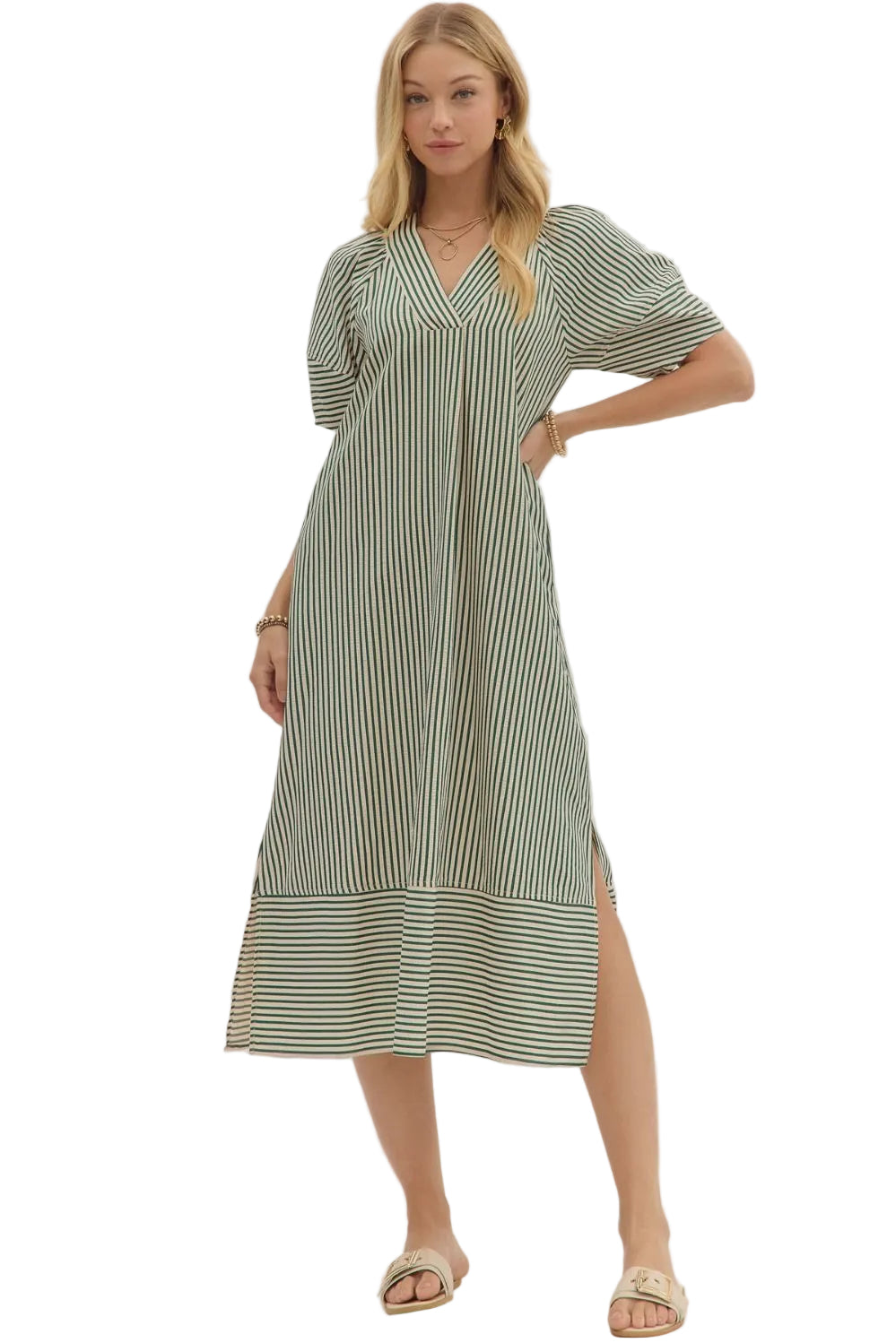 Green and White Seersucker MIdi Dress by Entro