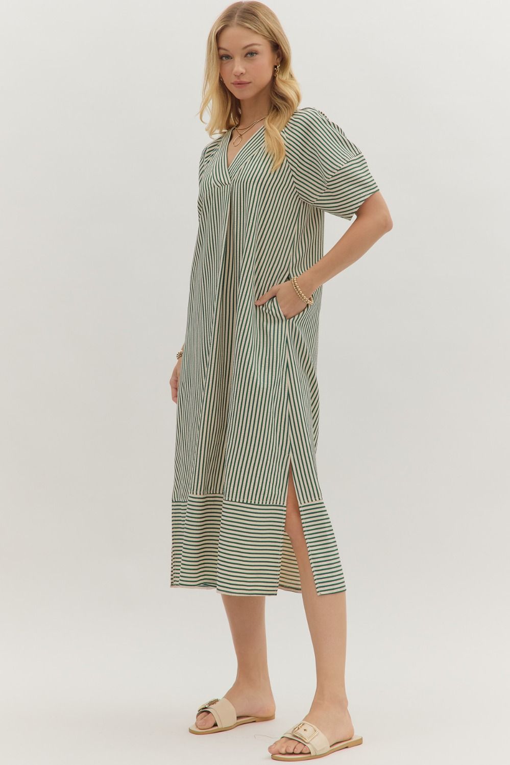 Green and White Seersucker MIdi Dress by Entro