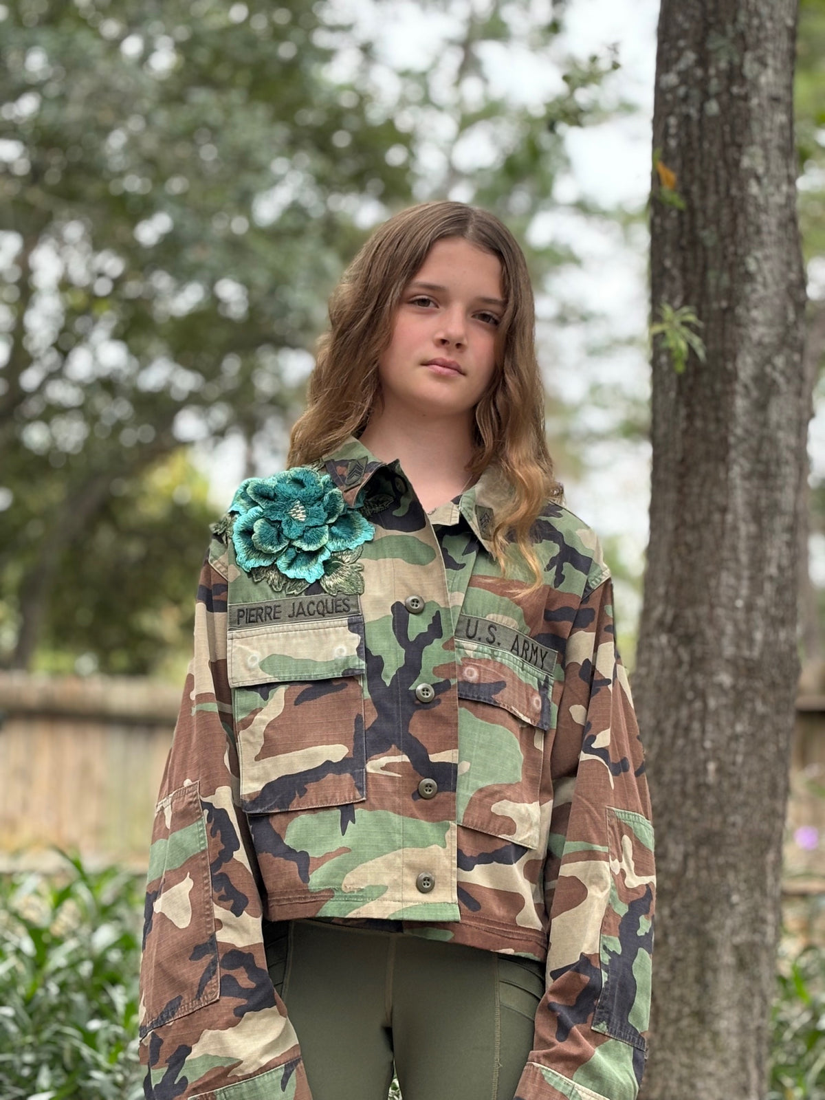 Camo Jacket Refurbished with Teal Sequins by The Grove