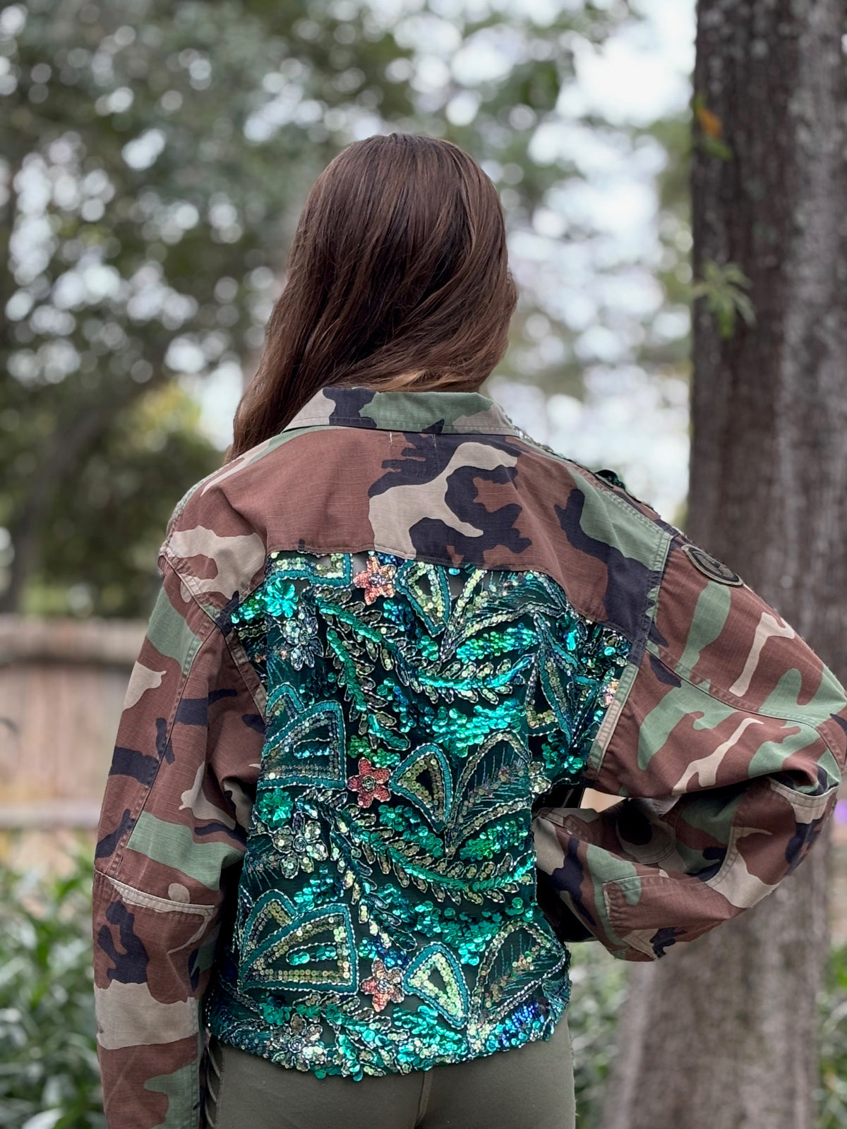 Camo Jacket Refurbished with Teal Sequins by The Grove