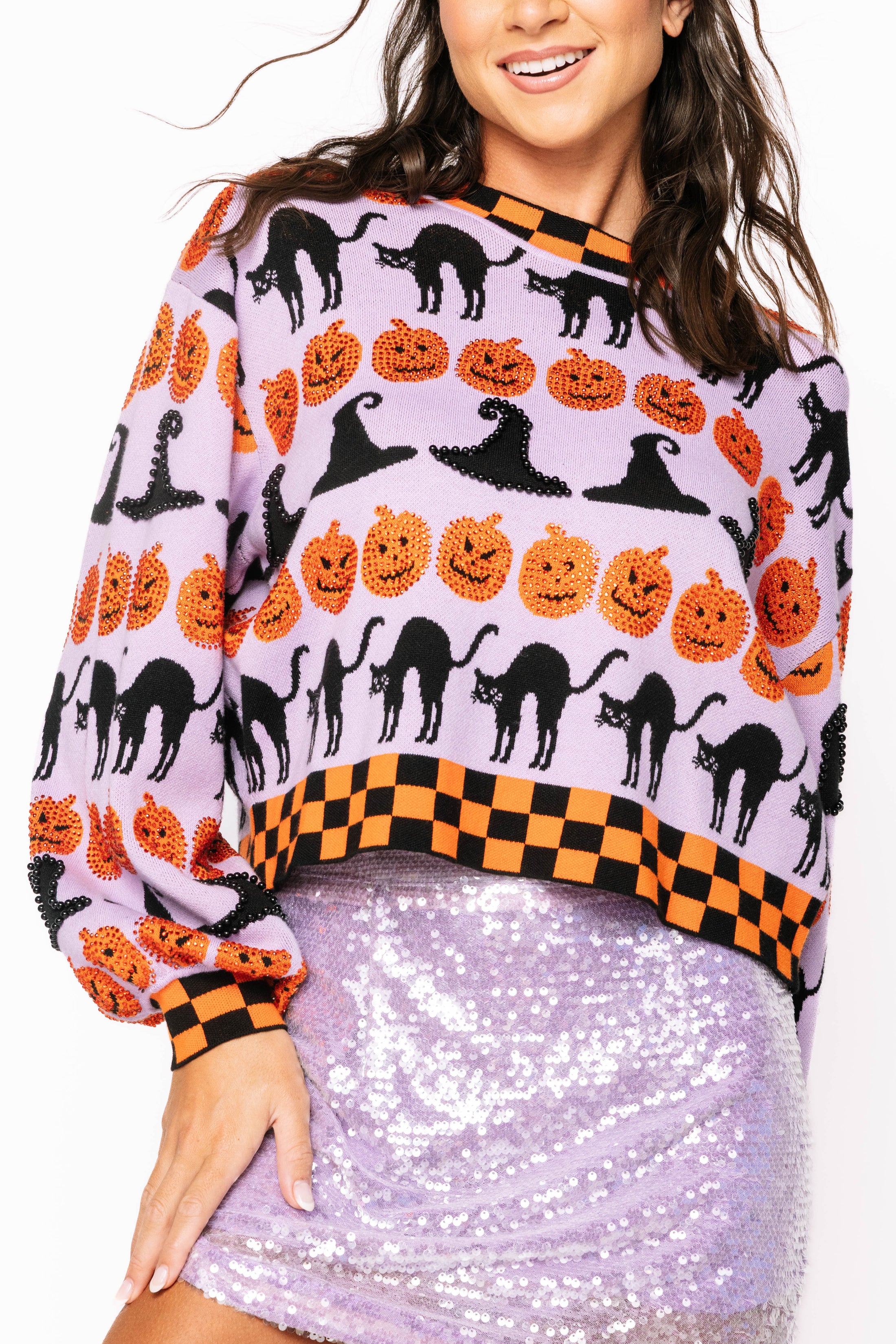Queen of Sparkles Lavender, Black & Orange Checker Trim Halloween Icon Sweater