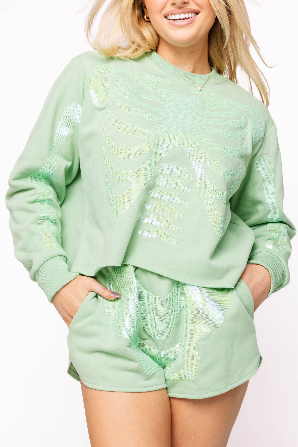 Queen of Sparkles Light Green Tonal Skeleton Sweatshirt