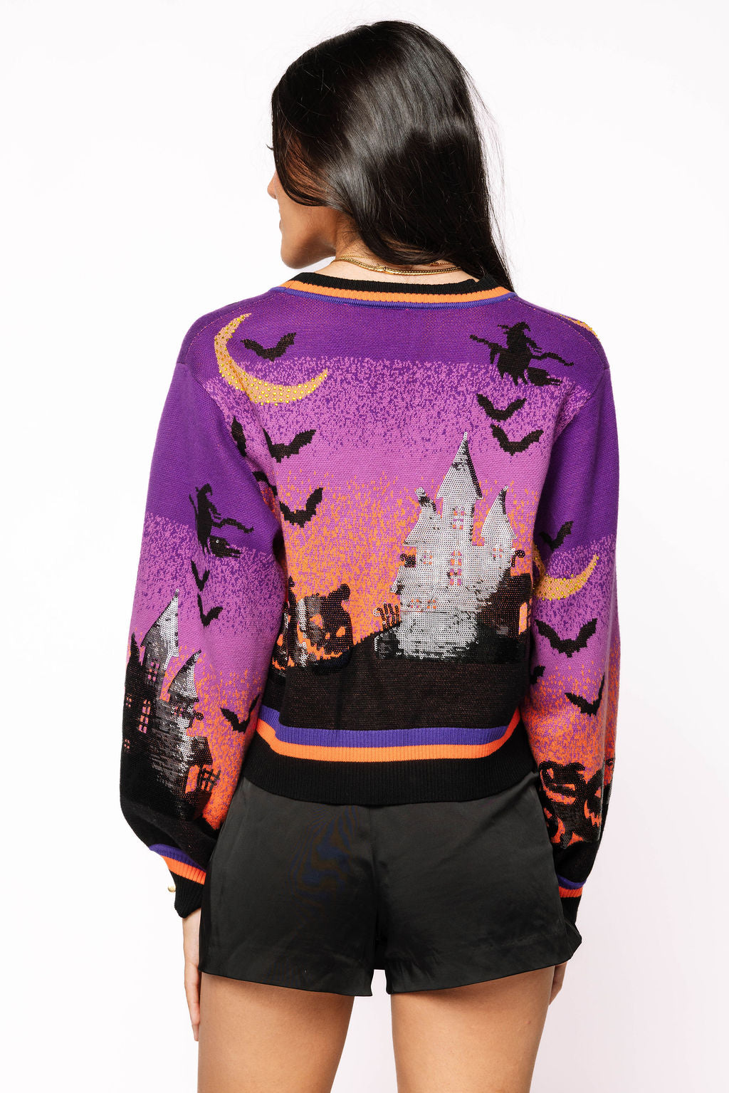 Queen of Sparkles Purple Halloween Scene Cardigan