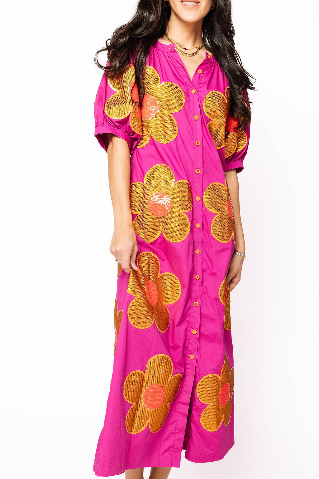 Queen of Sparkles Purple, Gold & Red Oversized Flower Button Up Maxi Dress