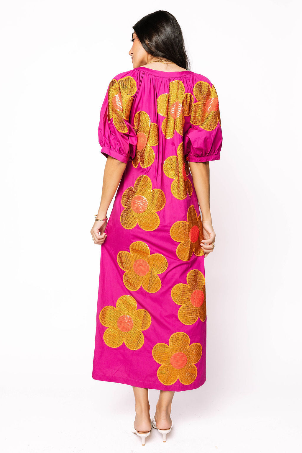 Queen of Sparkles Purple, Gold & Red Oversized Flower Button Up Maxi Dress