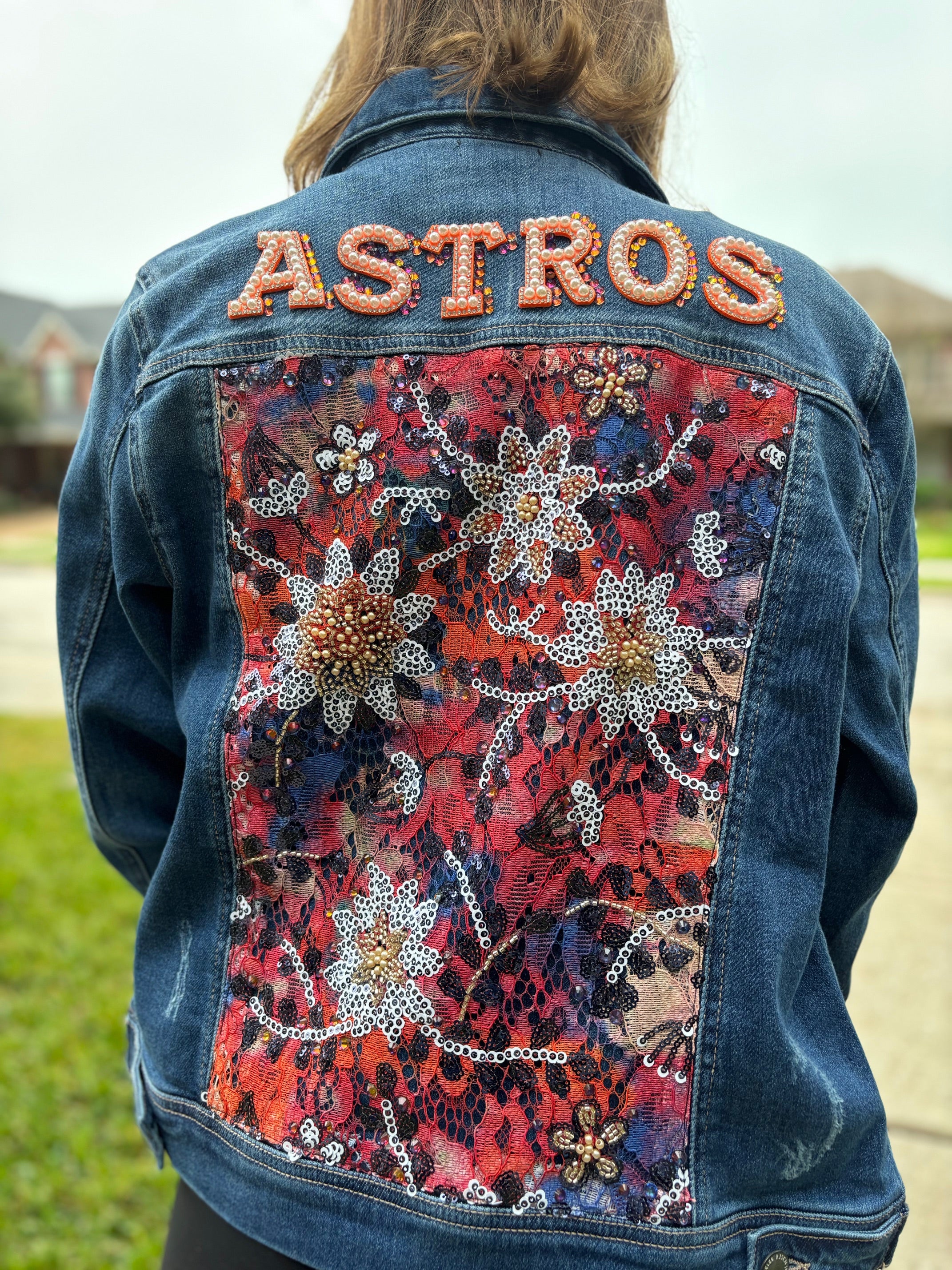Astros Denim Rhinestone Pearl Jacket