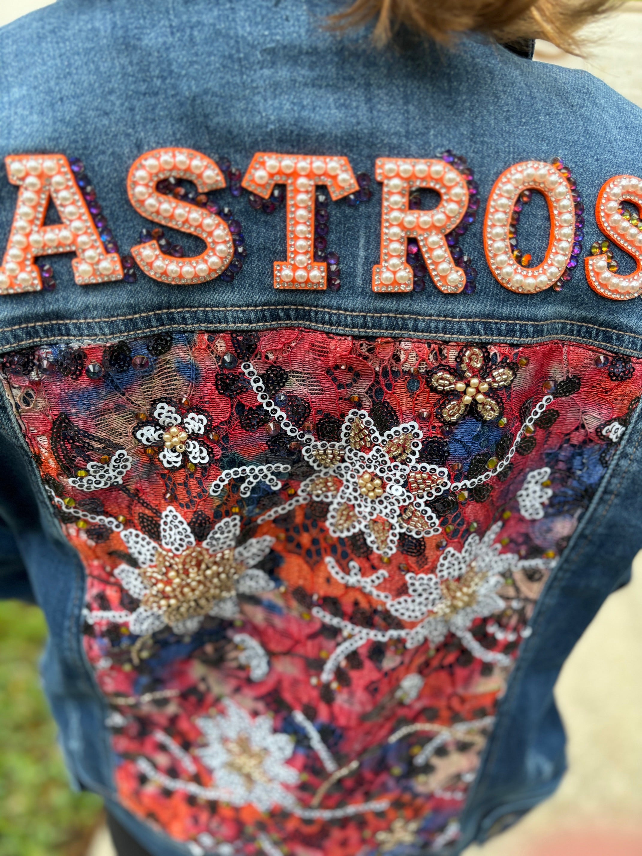 Astros Denim Rhinestone Pearl Jacket