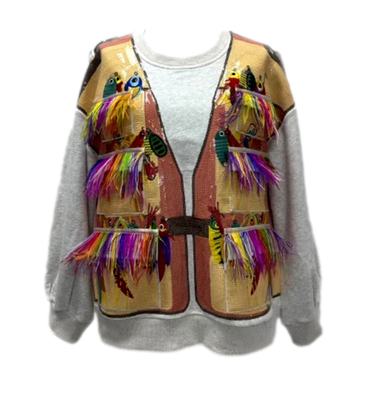 Queen of Sparkles Grey Fishing Lure Vest Sweatshirt