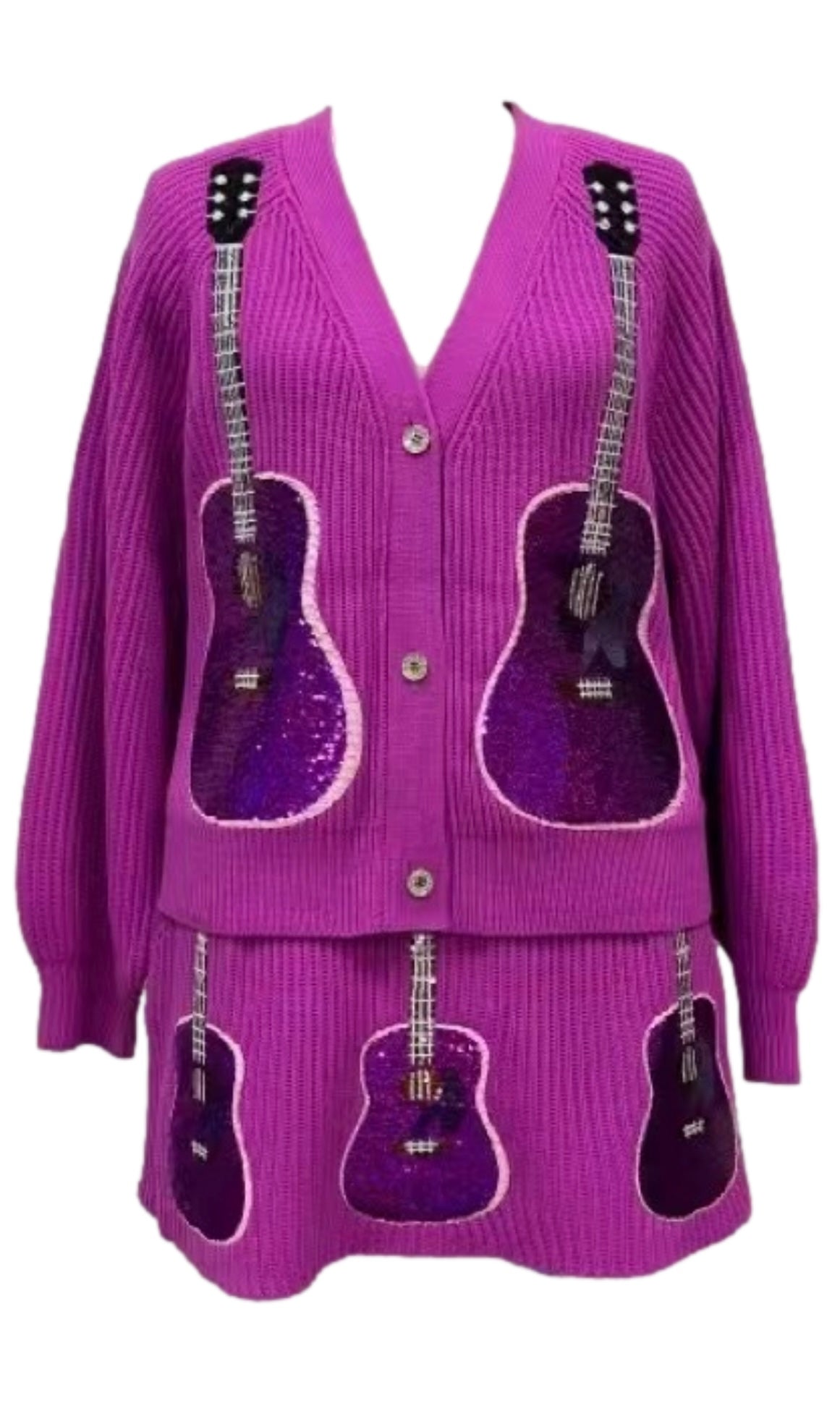 Queen of Sparkles Bright Purple Guitar Cardigan and Skirt
