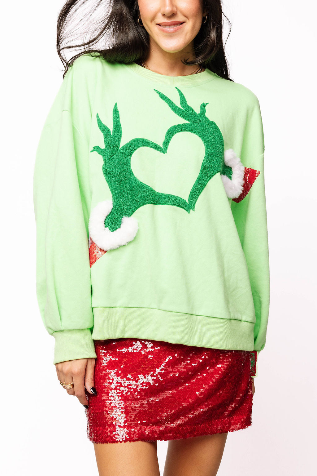 Queen of Sparkles Green Grinch Heart Hands Sweatshirt