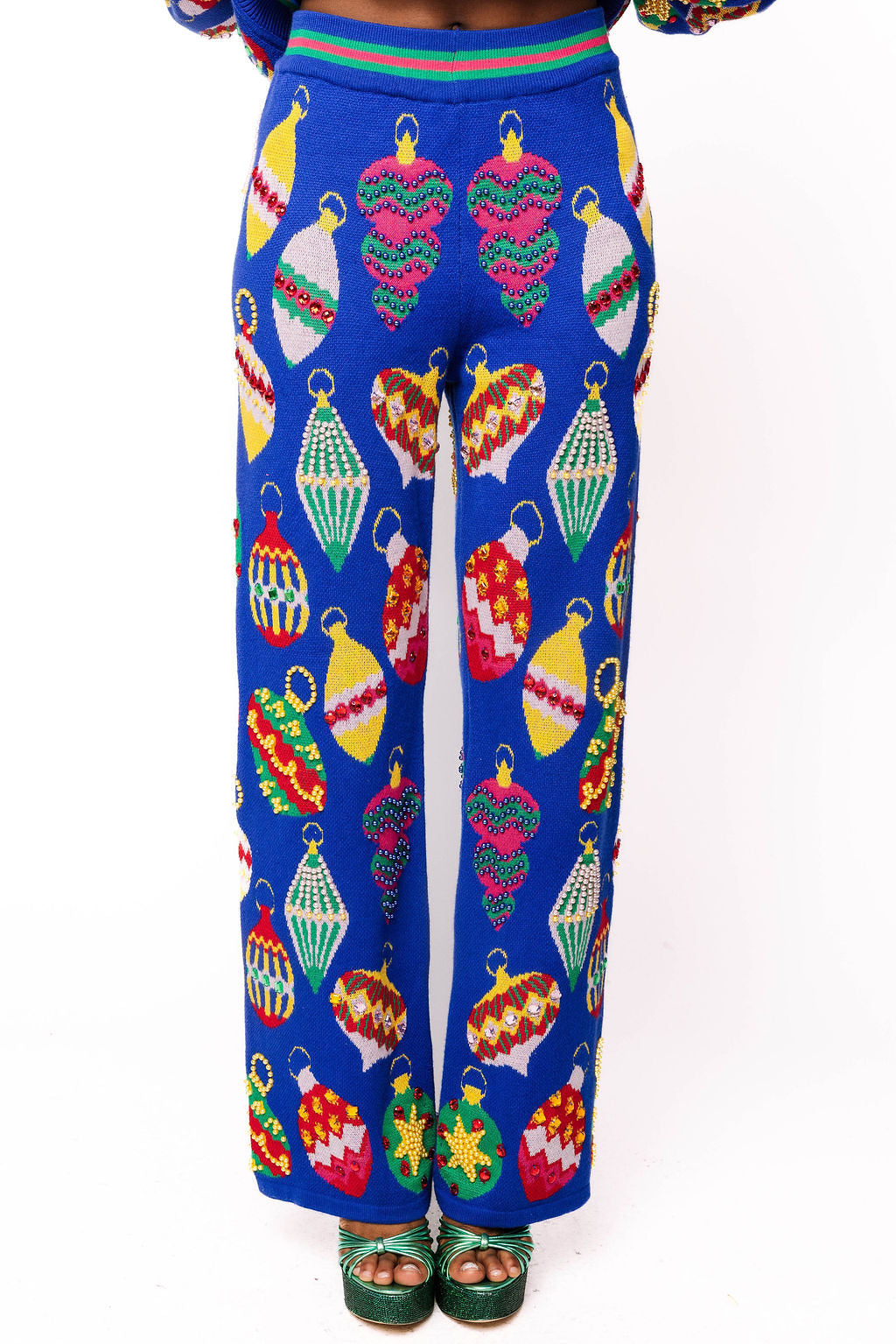 Queen of Sparkles Blue Multi Jeweled Christmas Ornament Knit Pants