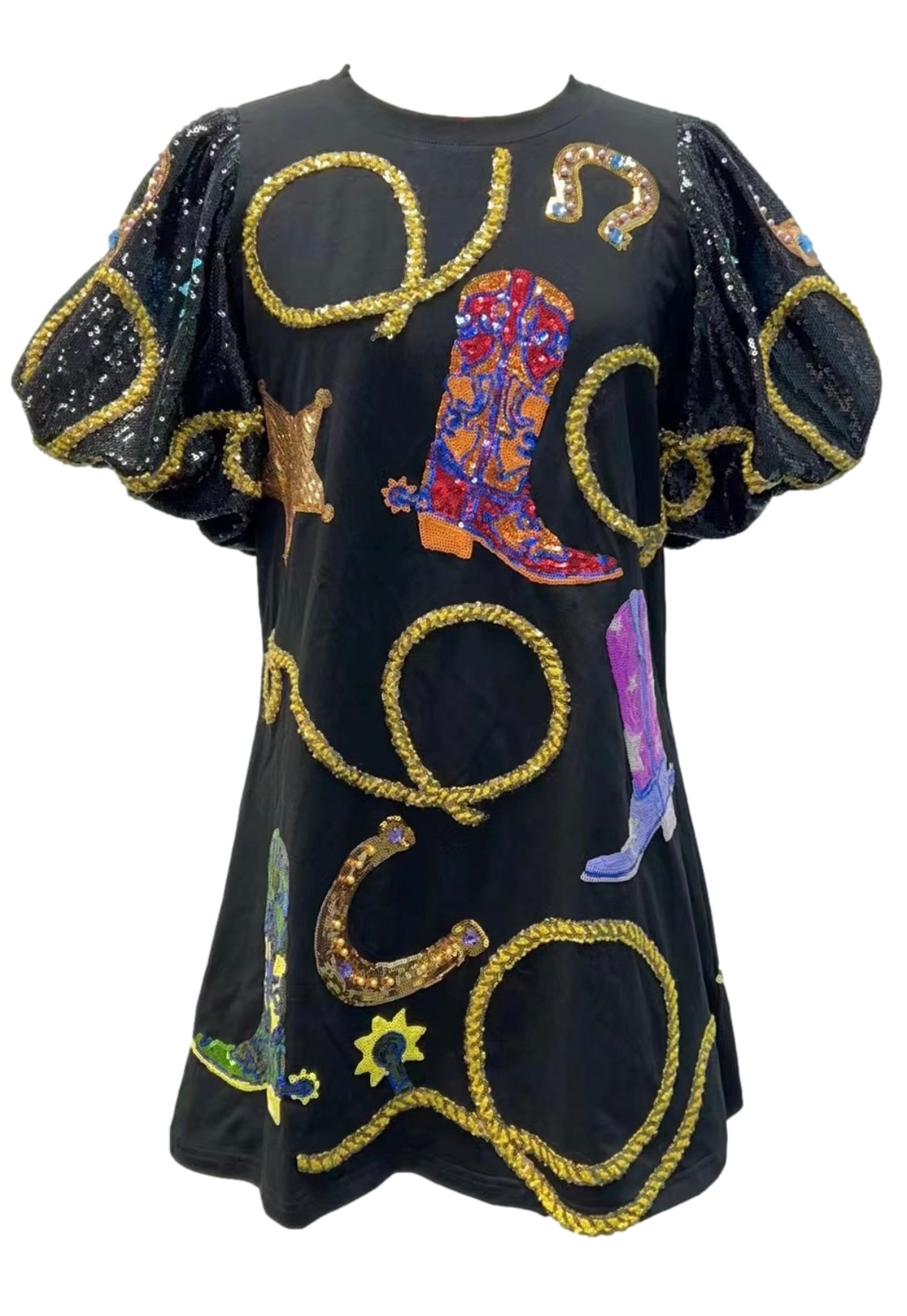 Queen of Sparkles Black Cowgirl Icon Poof Sleeve Dress